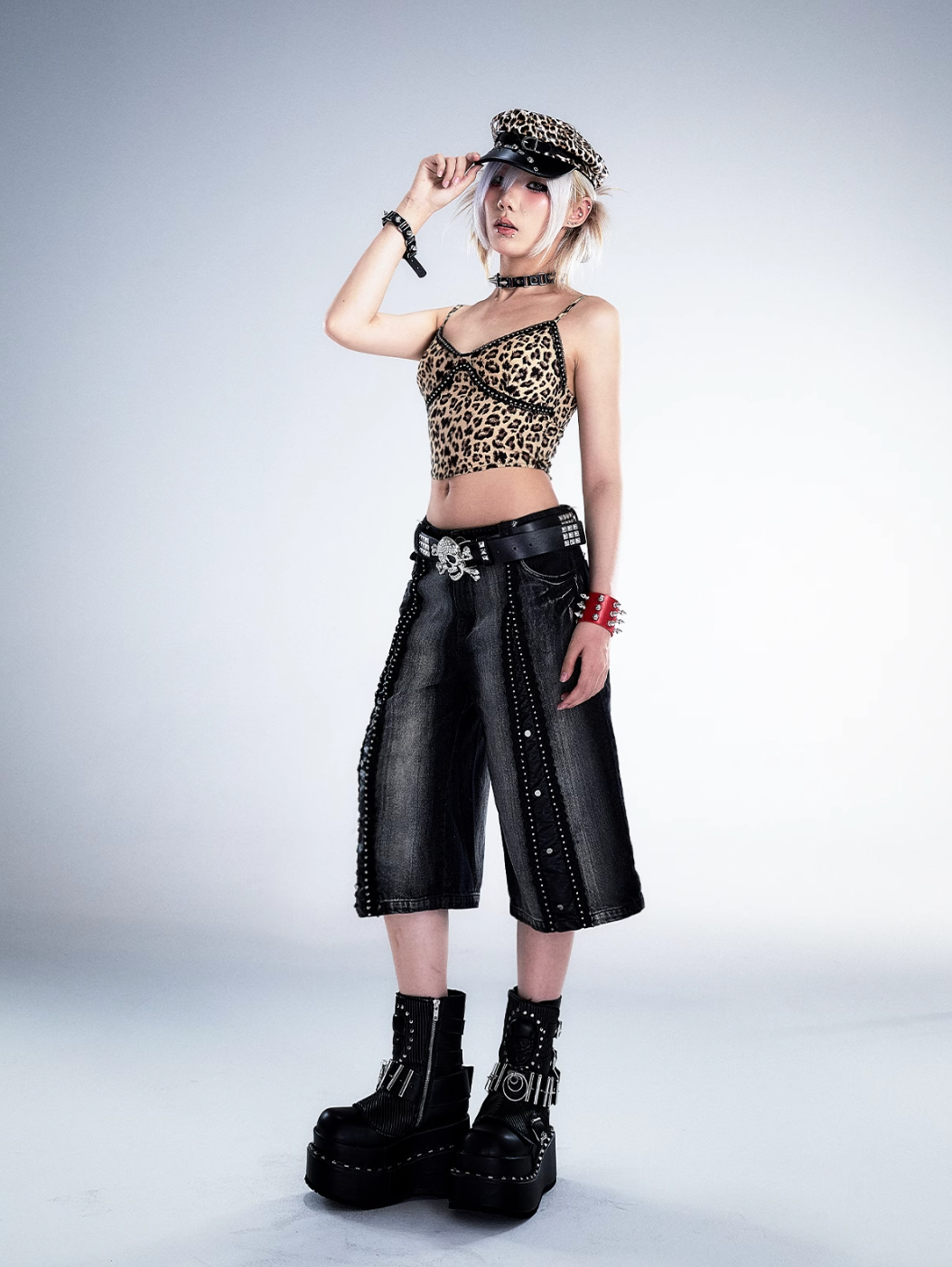 Frustration Garden Gothic Punk Denim Culottes - Black Faded Wide-Leg Capris with Studded Details