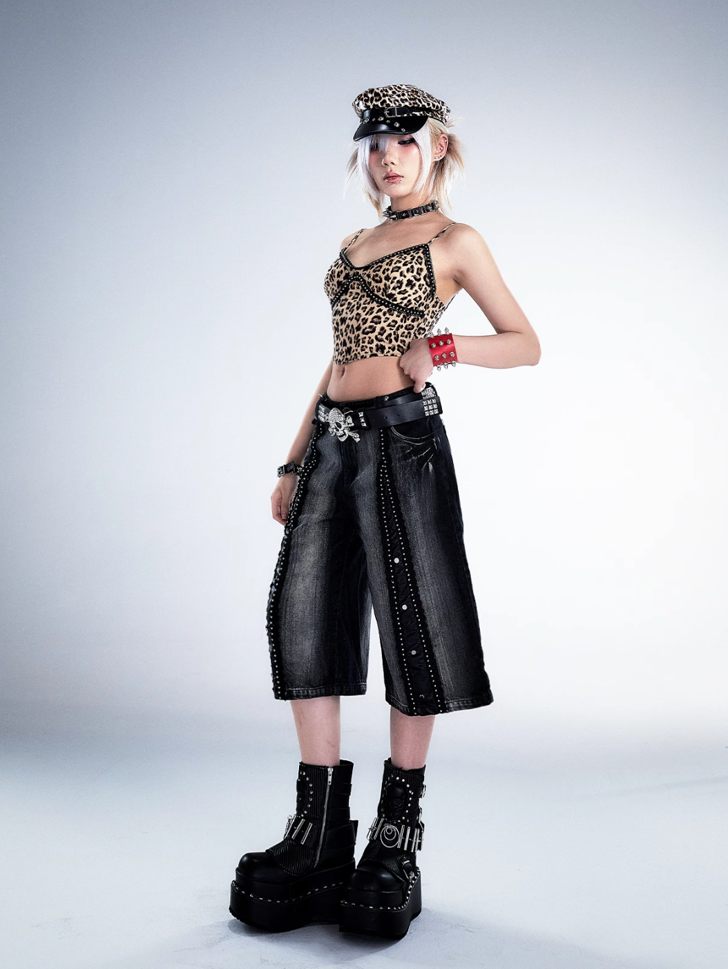 Frustration Garden Gothic Punk Denim Culottes - Black Faded Wide-Leg Capris with Studded Details