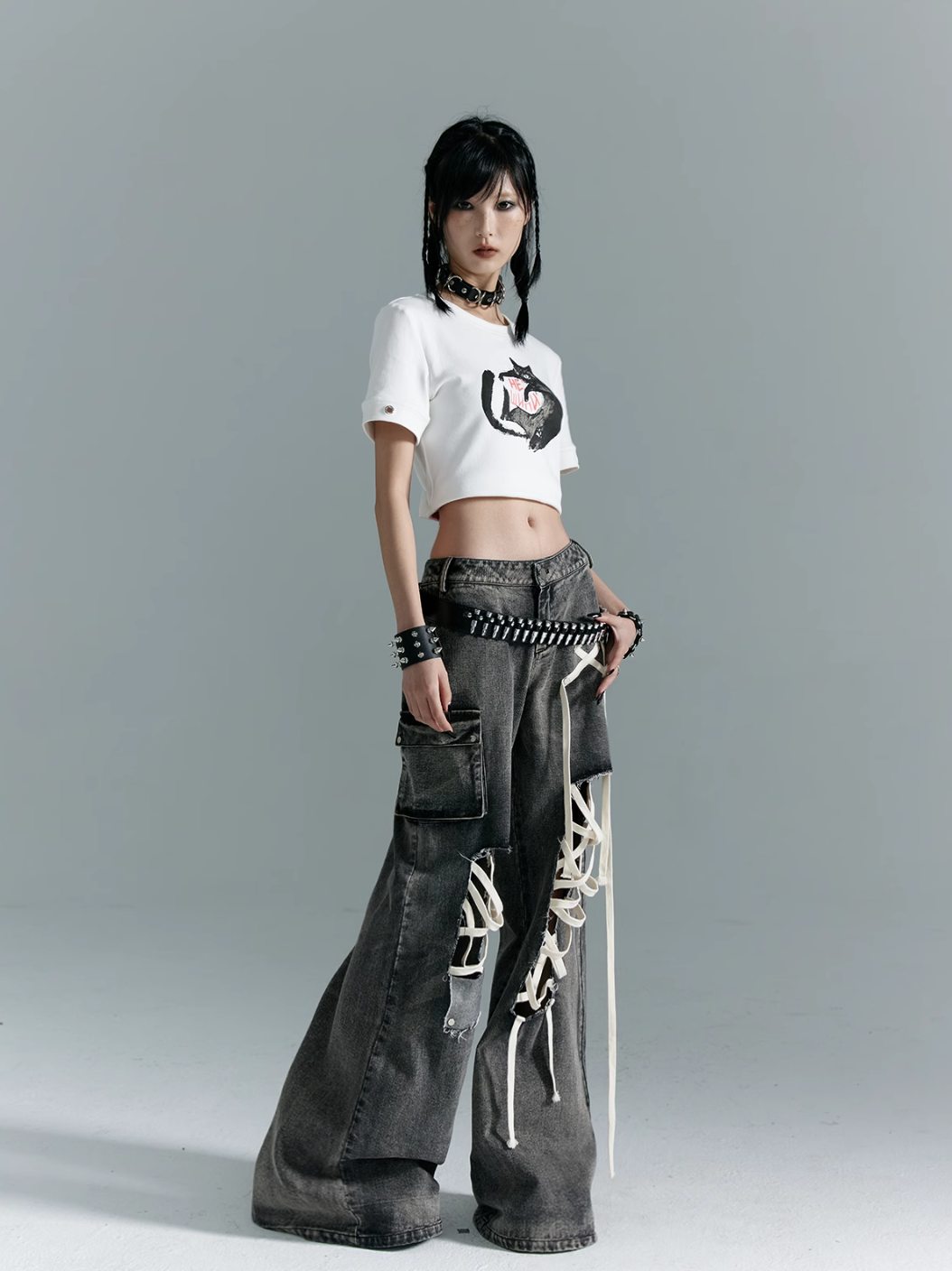 Frustration Garden Gothic Punk Wide-Leg Jeans - Distressed Gray Denim With Lace-Up Accents And Cargo Pockets