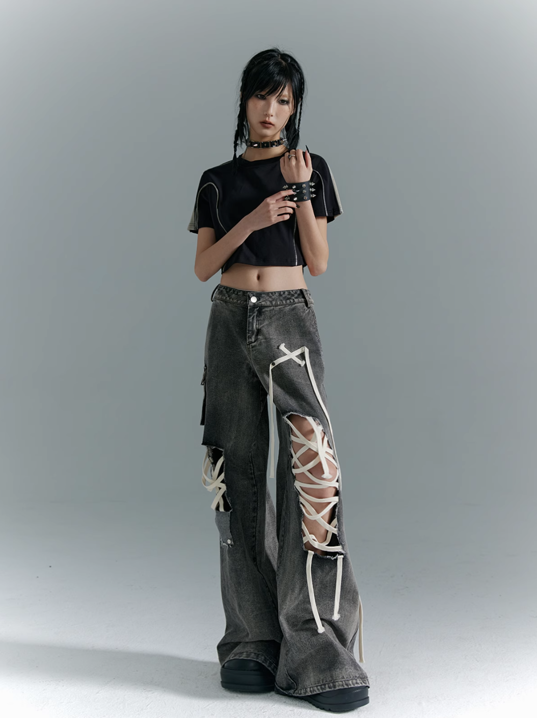 Frustration Garden Gothic Punk Wide-Leg Jeans - Distressed Gray Denim With Lace-Up Accents And Cargo Pockets