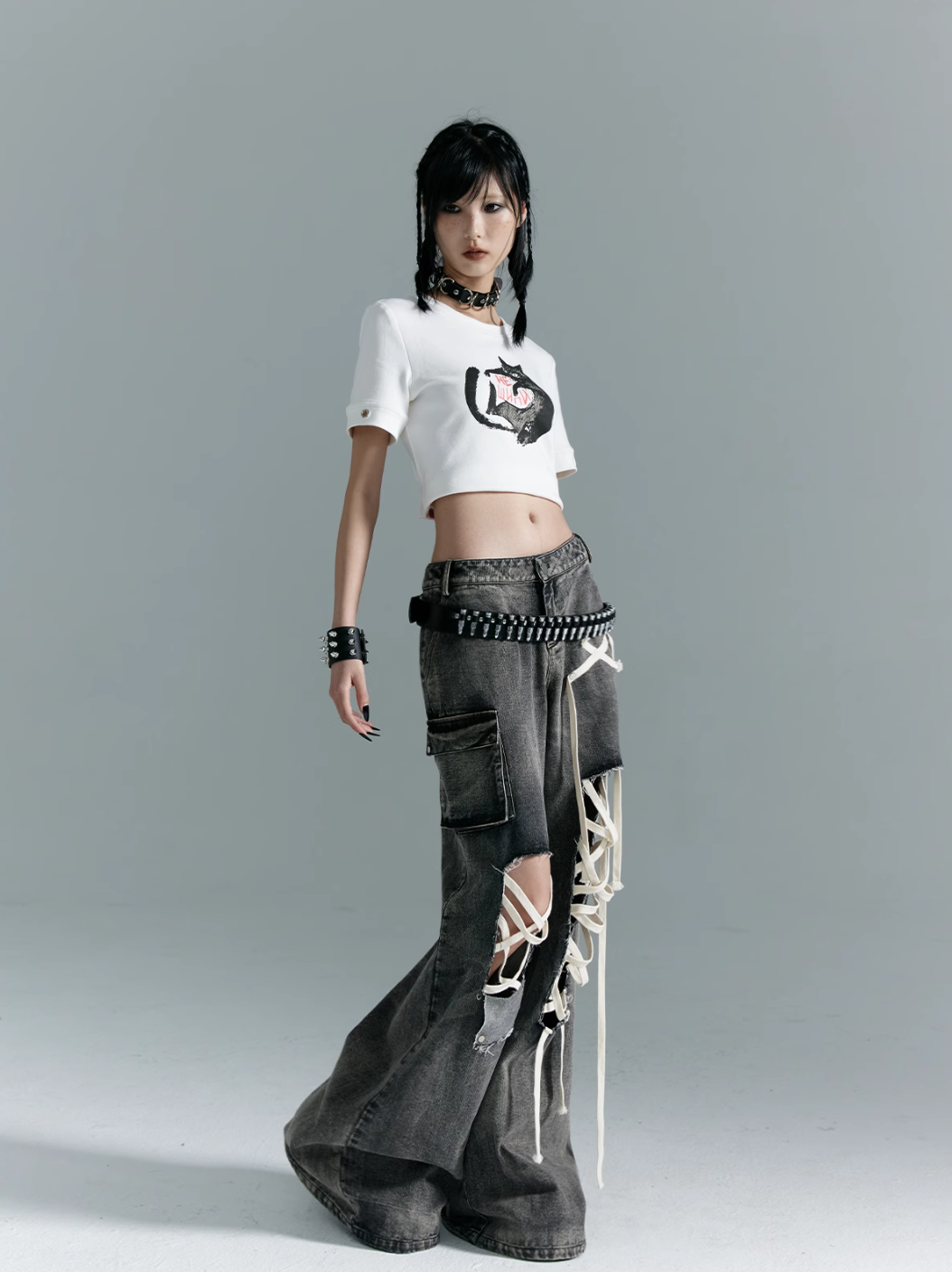 Frustration Garden Gothic Punk Wide-Leg Jeans - Distressed Gray Denim With Lace-Up Accents And Cargo Pockets