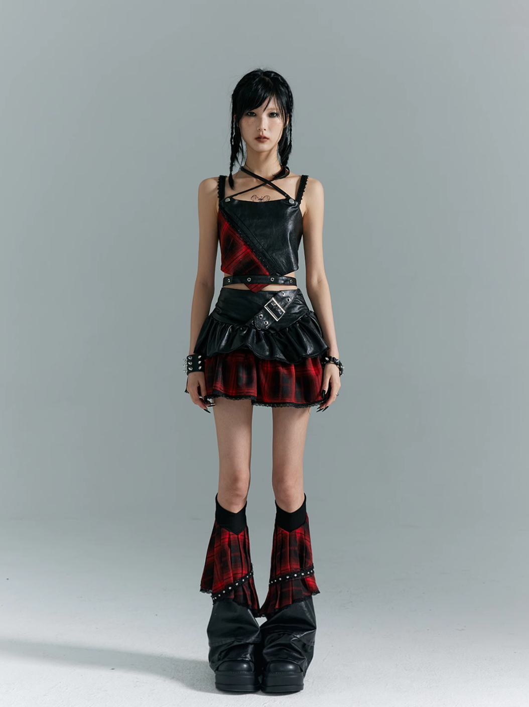 Frustration Garden Punk Rock Mini Skirt - Red Plaid with Black Leather Ruffle Overlay and Studded Belt