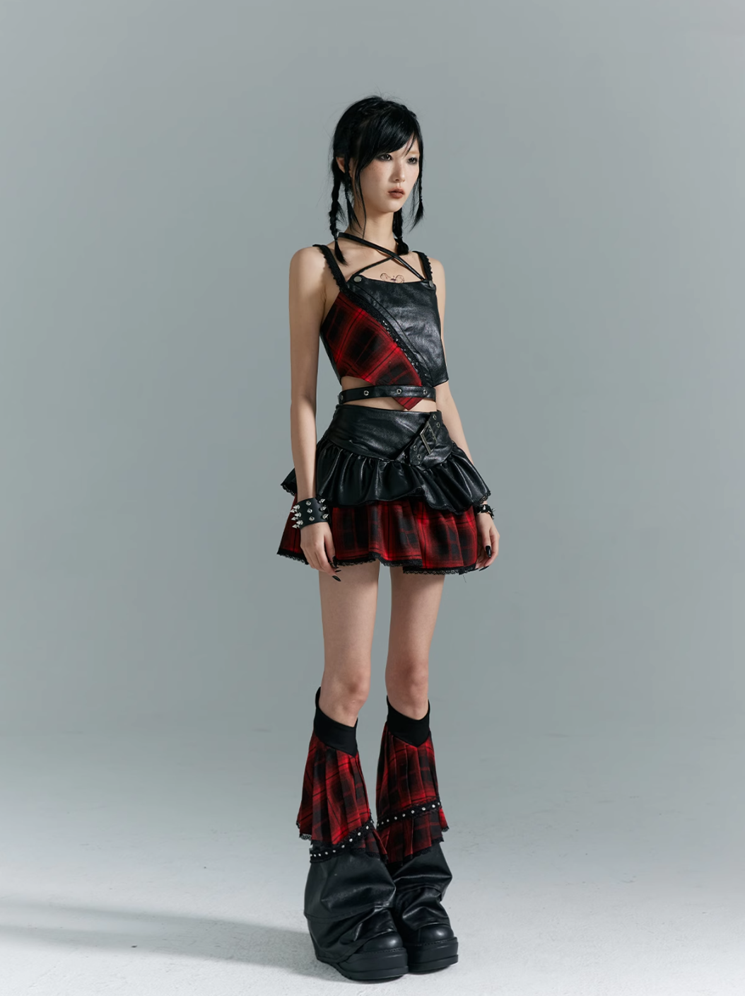 Frustration Garden Punk Rock Mini Skirt - Red Plaid with Black Leather Ruffle Overlay and Studded Belt