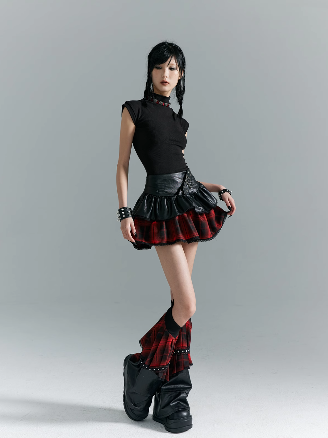 Frustration Garden Punk Rock Mini Skirt - Red Plaid with Black Leather Ruffle Overlay and Studded Belt