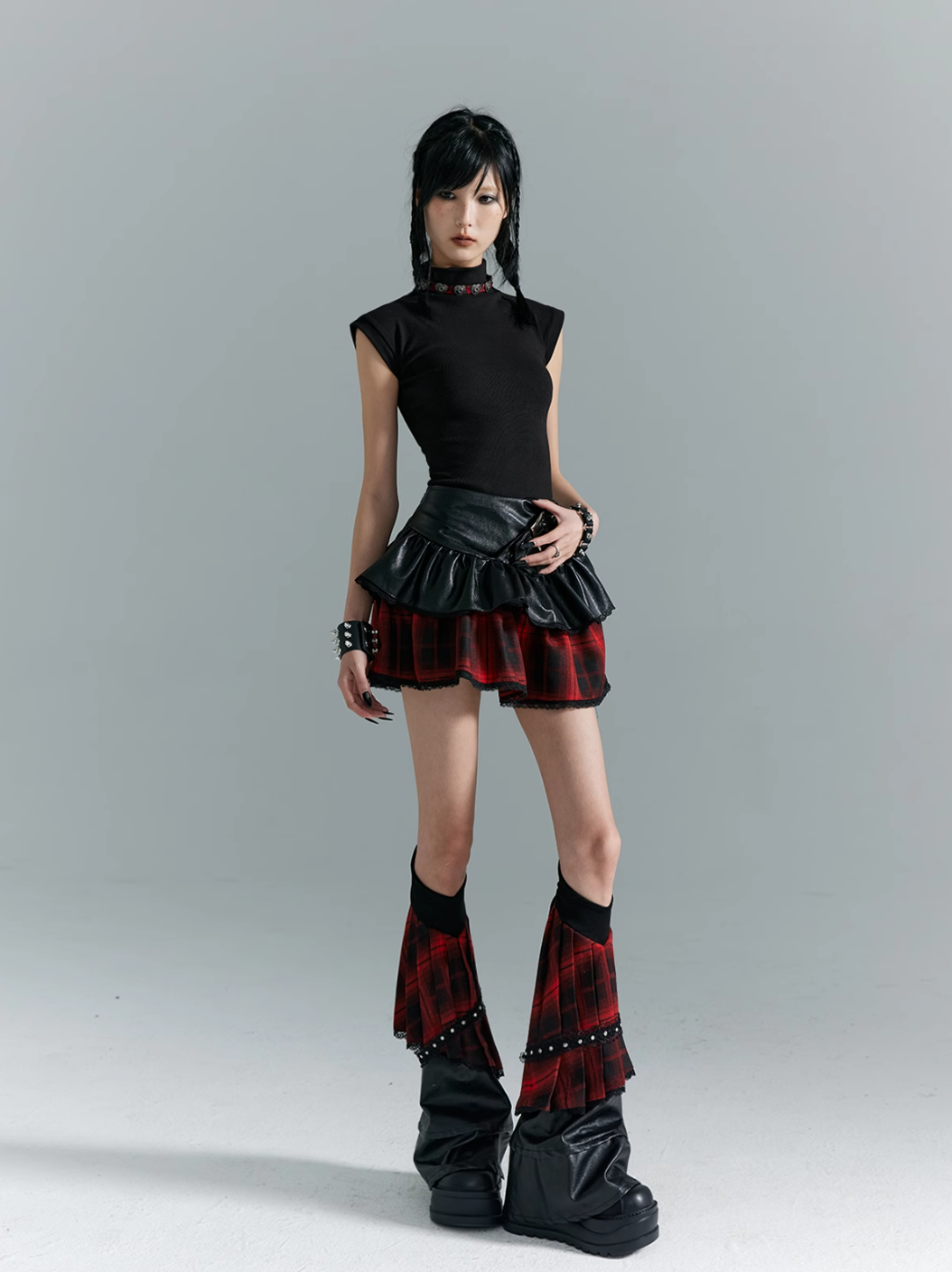 Frustration Garden Punk Rock Mini Skirt - Red Plaid with Black Leather Ruffle Overlay and Studded Belt