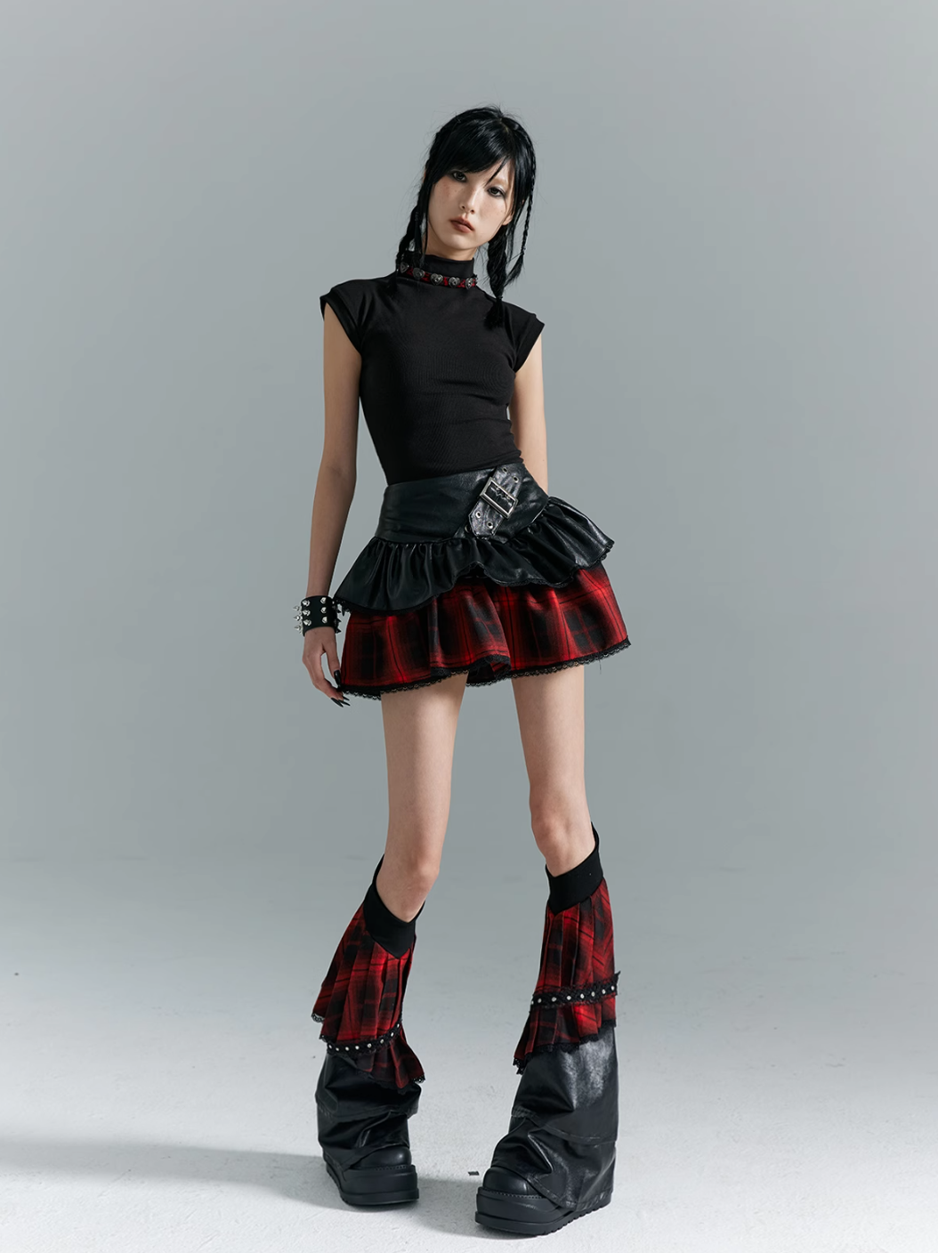 Frustration Garden Punk Rock Mini Skirt - Red Plaid with Black Leather Ruffle Overlay and Studded Belt