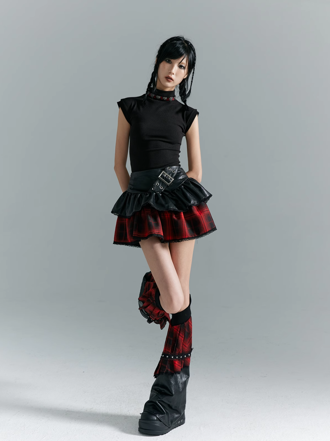 Frustration Garden Punk Rock Mini Skirt - Red Plaid with Black Leather Ruffle Overlay and Studded Belt