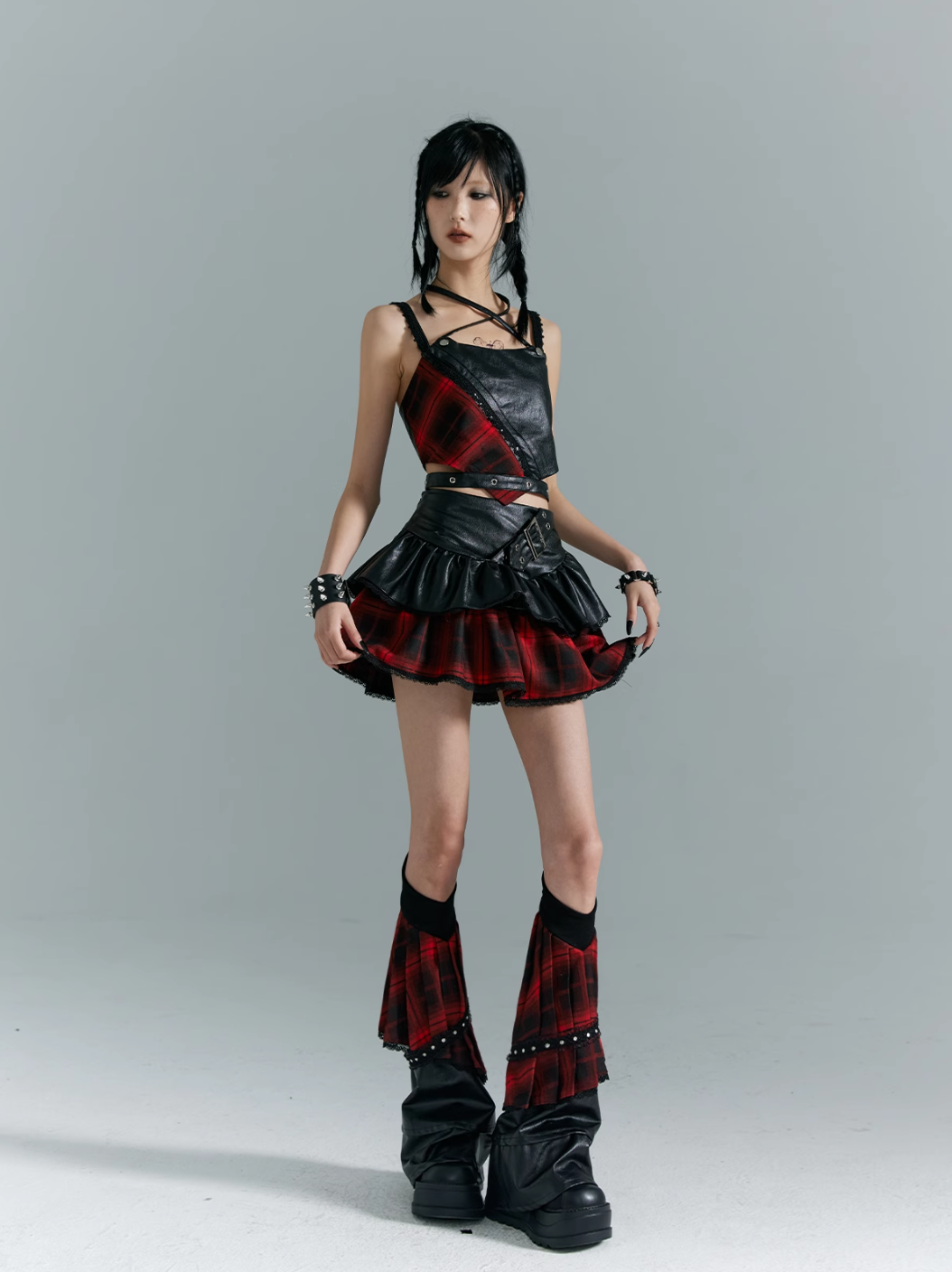 Frustration Garden Punk Rock Mini Skirt - Red Plaid with Black Leather Ruffle Overlay and Studded Belt