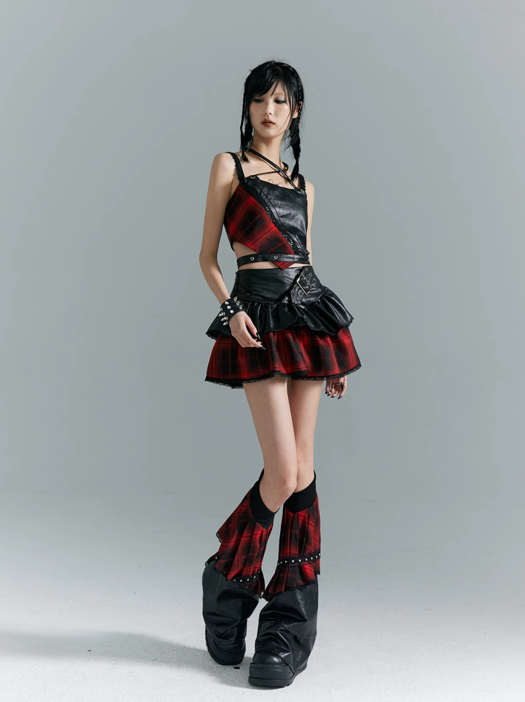 Frustration Garden Punk Rock Mini Skirt - Red Plaid with Black Leather Ruffle Overlay and Studded Belt