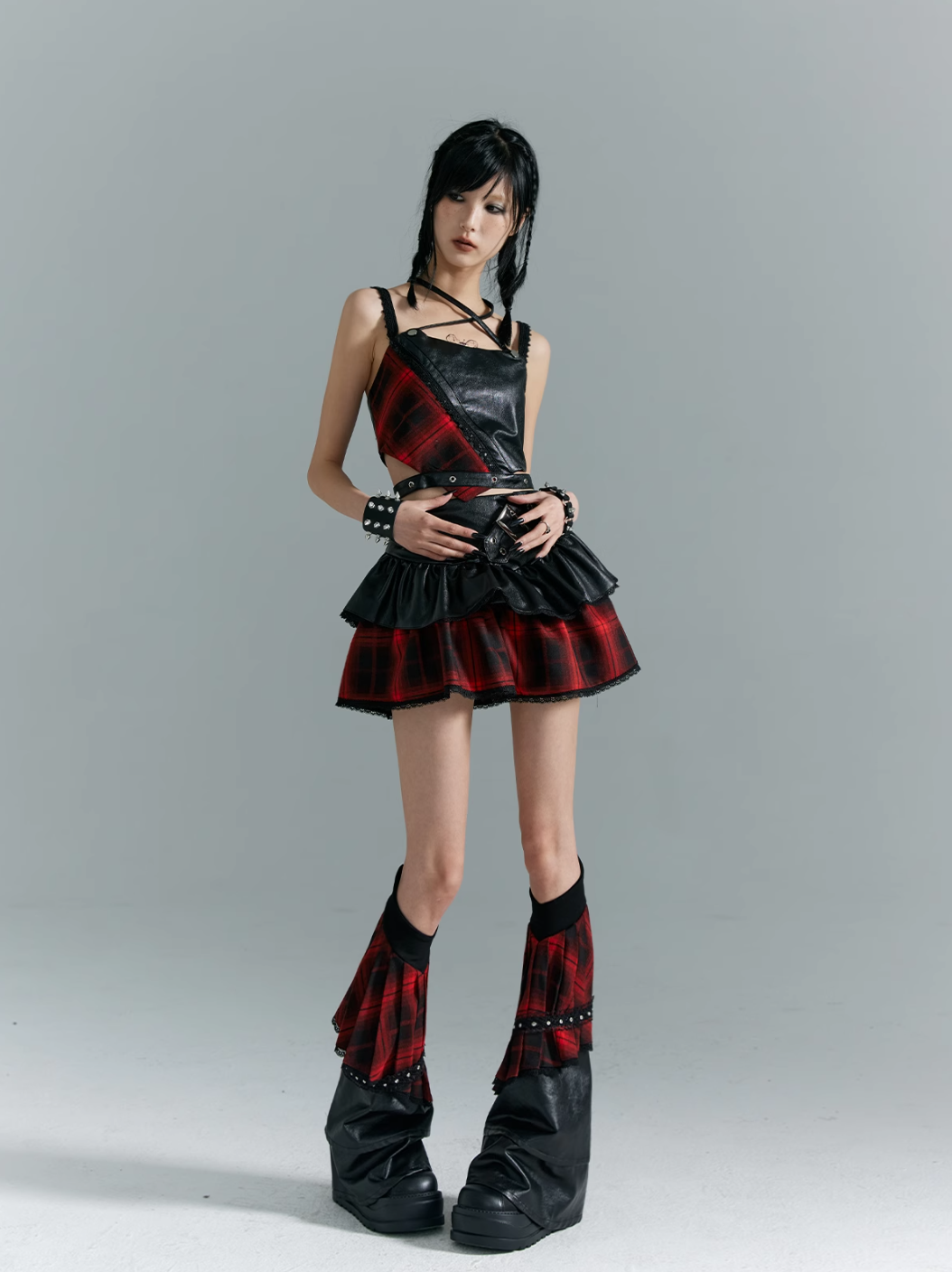 Frustration Garden Punk Rock Mini Skirt - Red Plaid with Black Leather Ruffle Overlay and Studded Belt