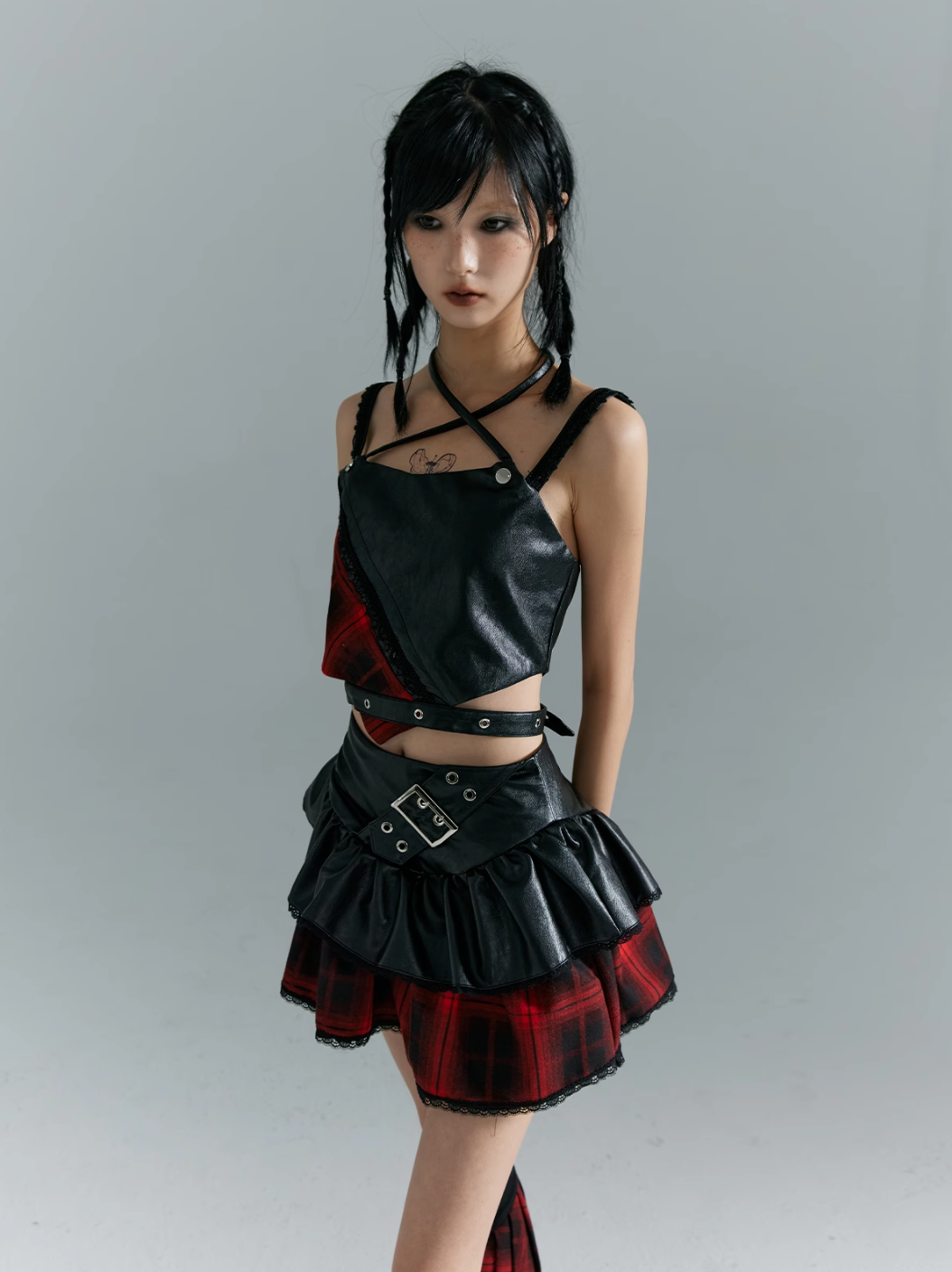 Frustration Garden Punk Rock Mini Skirt - Red Plaid with Black Leather Ruffle Overlay and Studded Belt