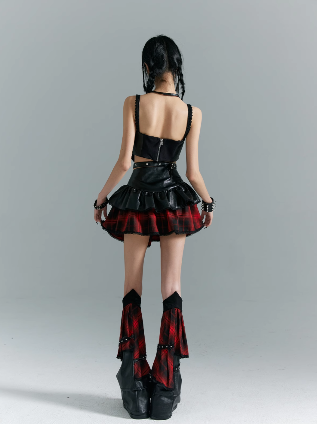 Frustration Garden Punk Rock Mini Skirt - Red Plaid with Black Leather Ruffle Overlay and Studded Belt