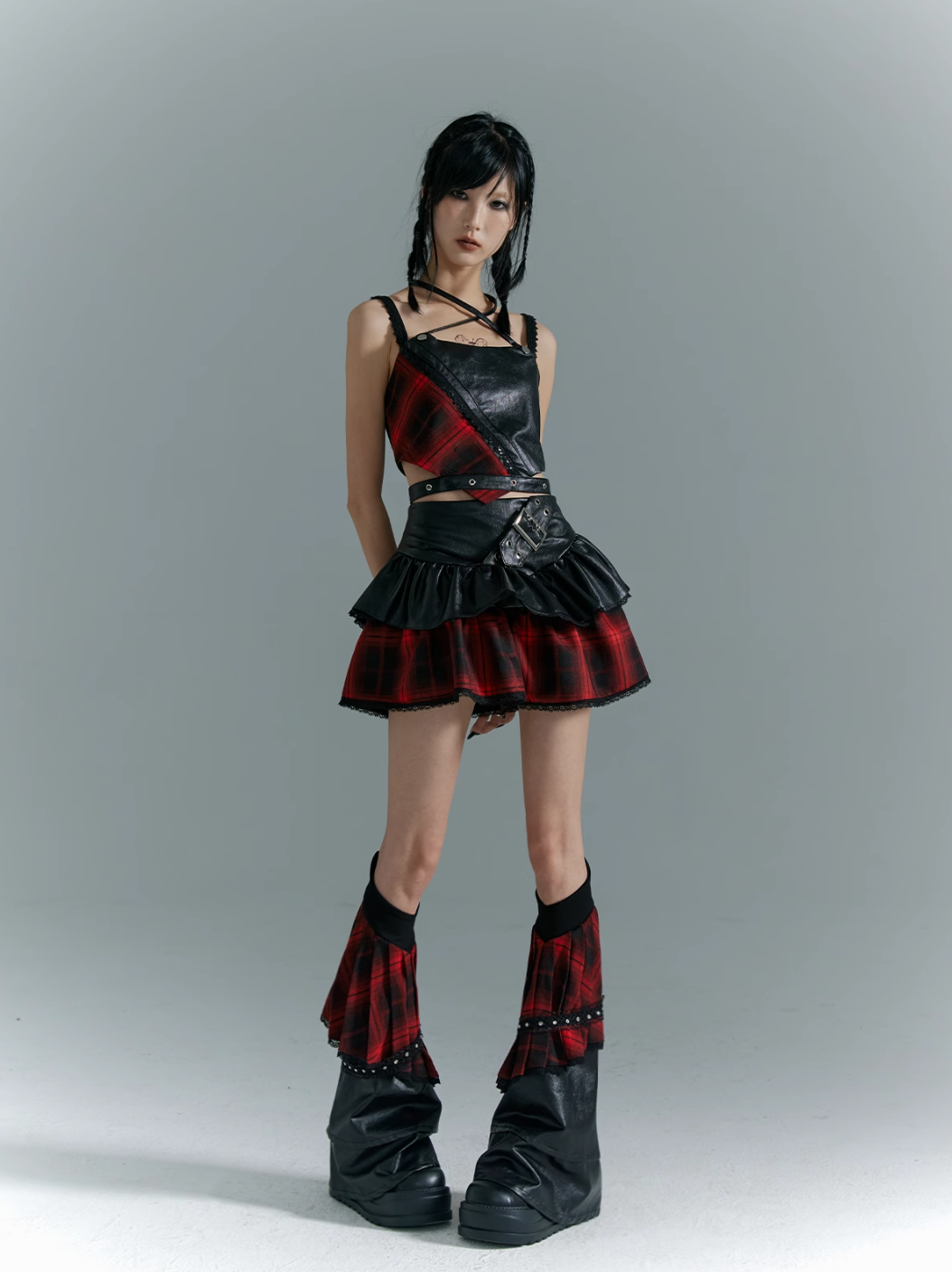 Frustration Garden Punk Rock Mini Skirt - Red Plaid with Black Leather Ruffle Overlay and Studded Belt