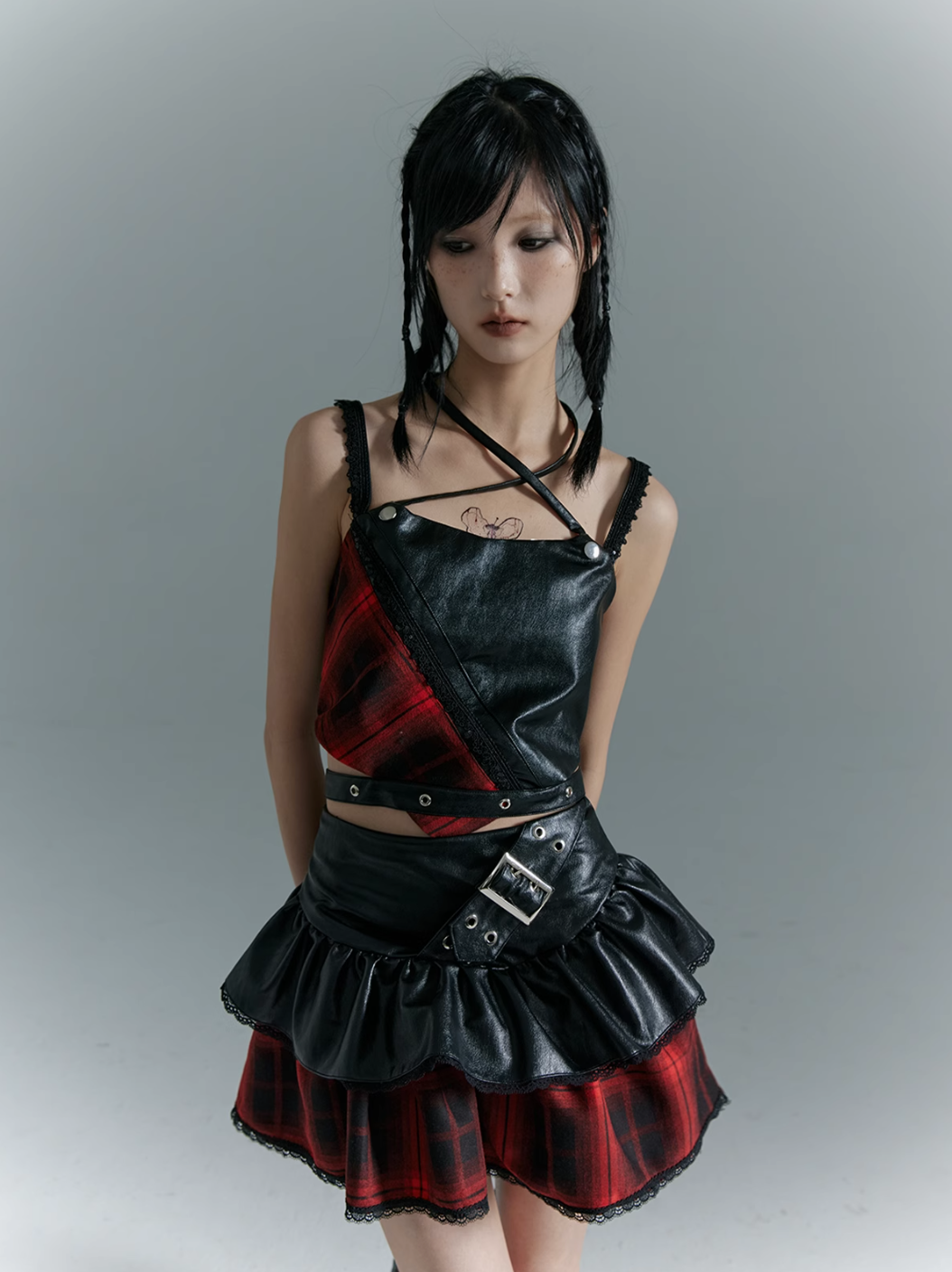 Frustration Garden Punk Rock Mini Skirt - Red Plaid with Black Leather Ruffle Overlay and Studded Belt