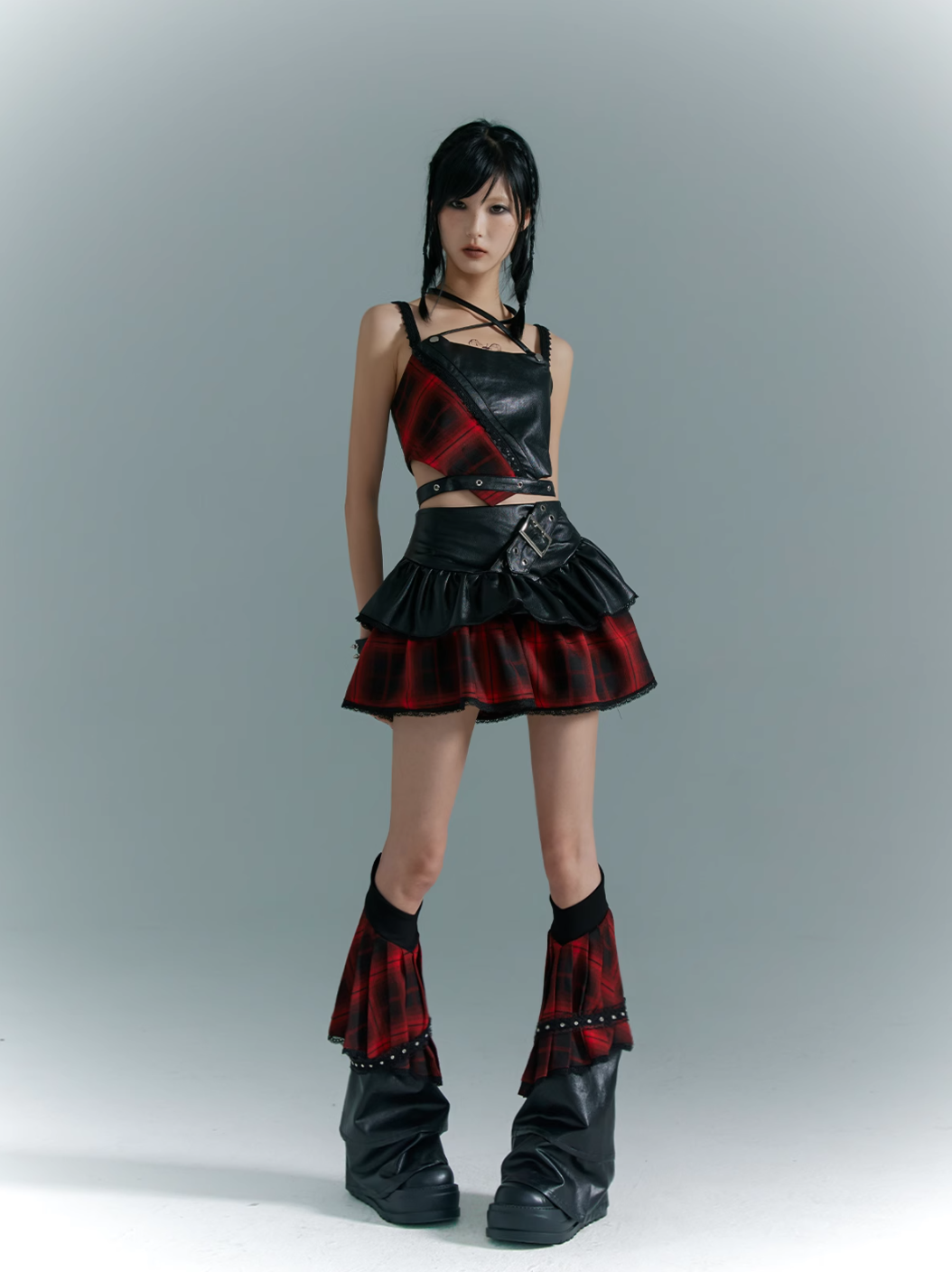 Frustration Garden Punk Rock Mini Skirt - Red Plaid with Black Leather Ruffle Overlay and Studded Belt