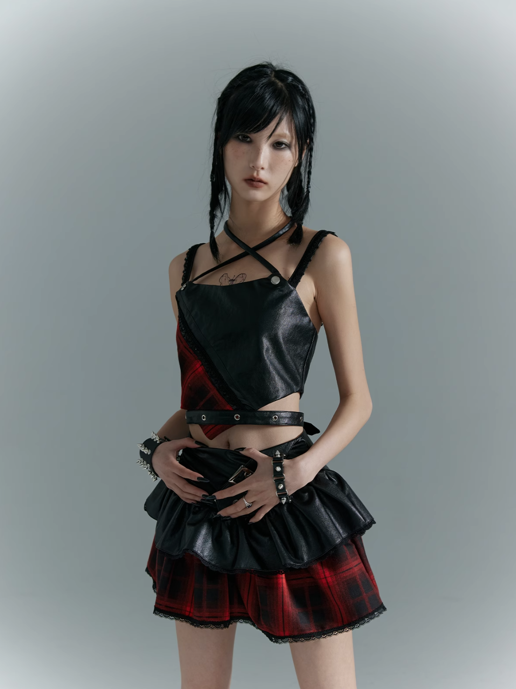 Frustration Garden Punk Rock Mini Skirt - Red Plaid with Black Leather Ruffle Overlay and Studded Belt