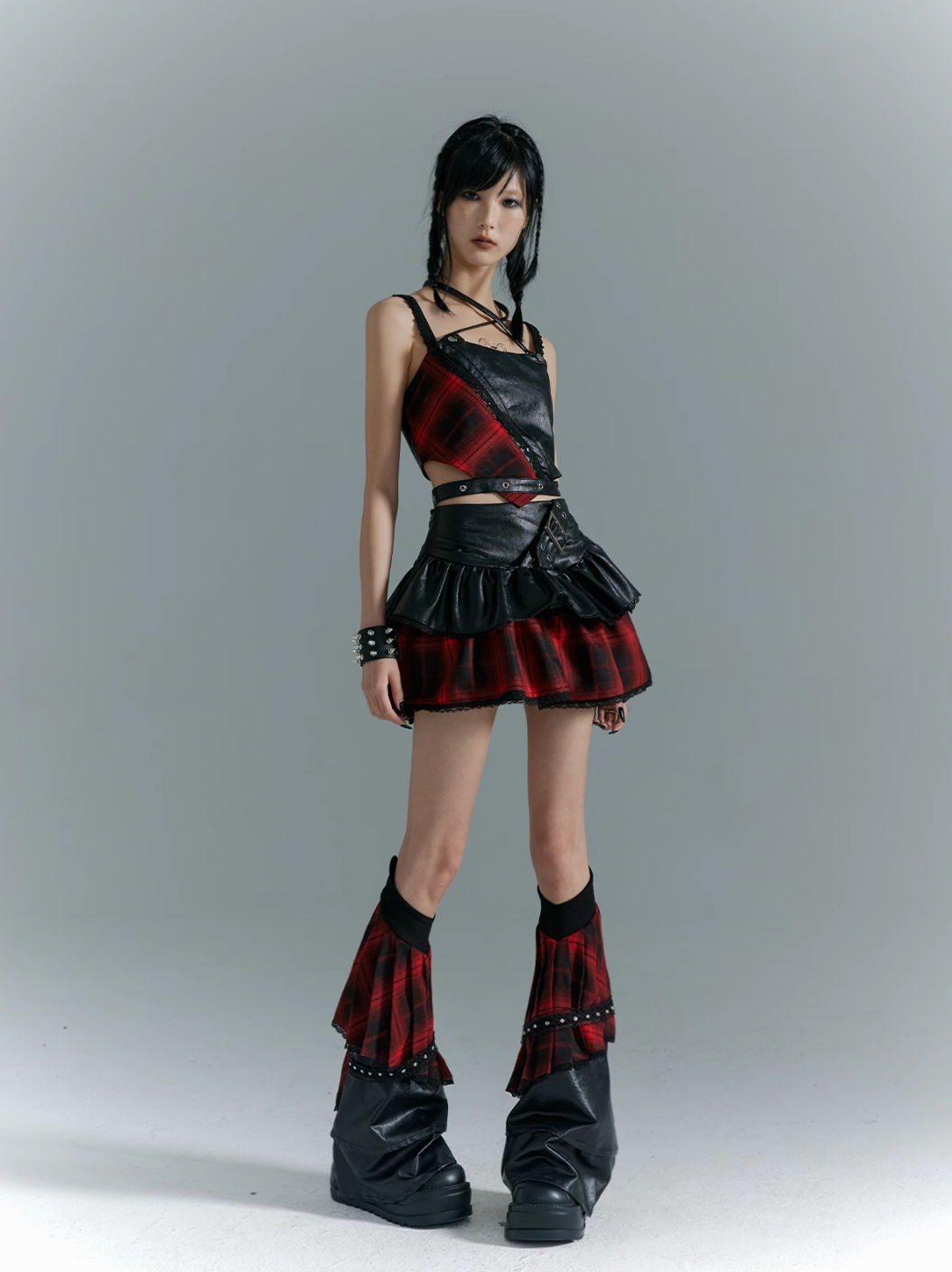 Frustration Garden Punk Rock Mini Skirt - Red Plaid with Black Leather Ruffle Overlay and Studded Belt