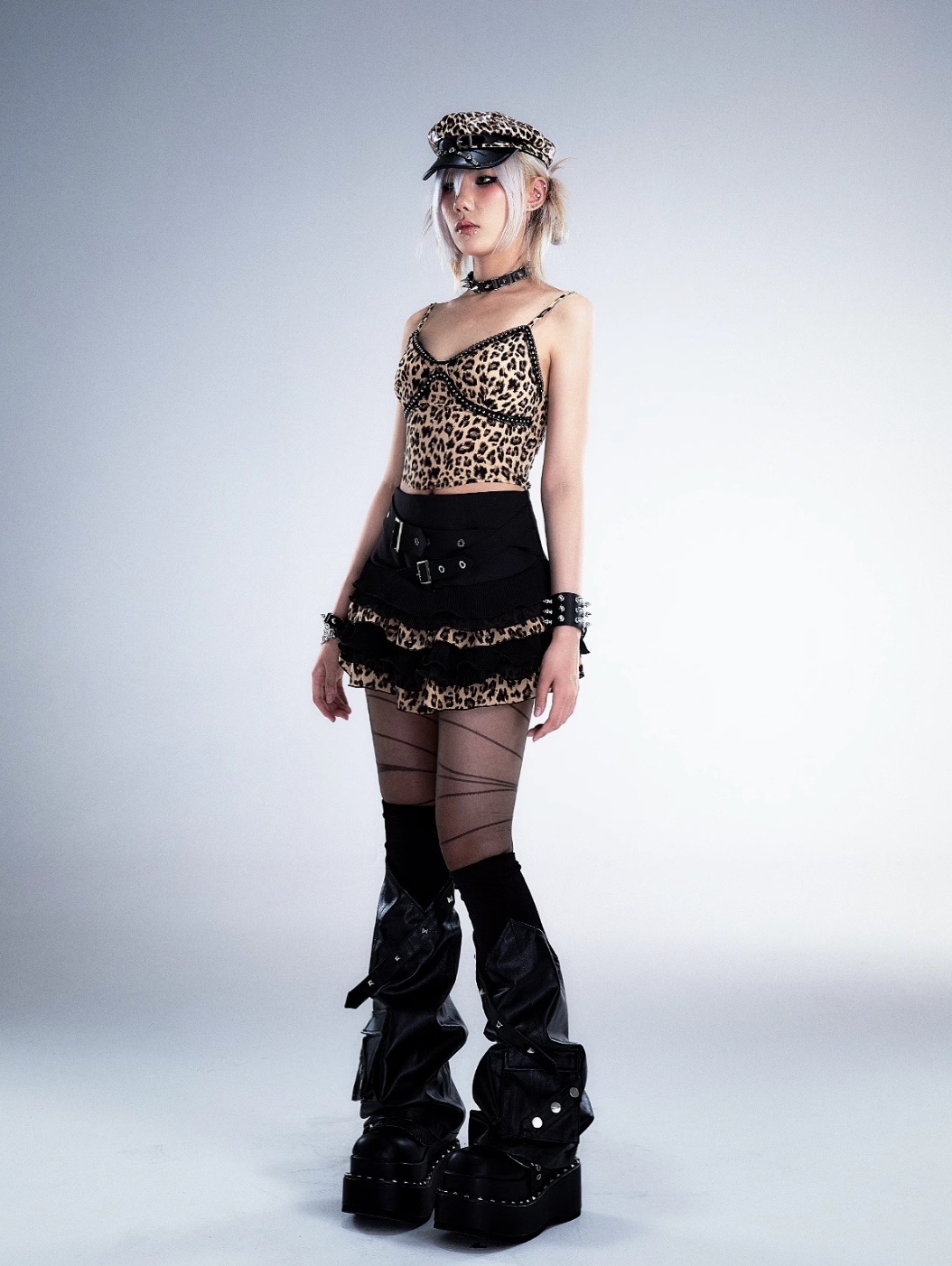 Frustration Garden Gothic Punk Mini Skirt - Black Ruffled With Leopard Print Trim And Buckle Straps