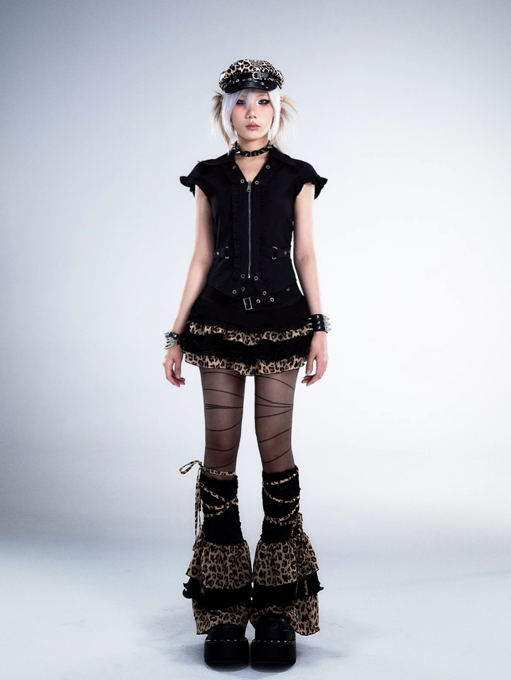 Frustration Garden Gothic Punk Mini Skirt - Black Ruffled With Leopard Print Trim And Buckle Straps