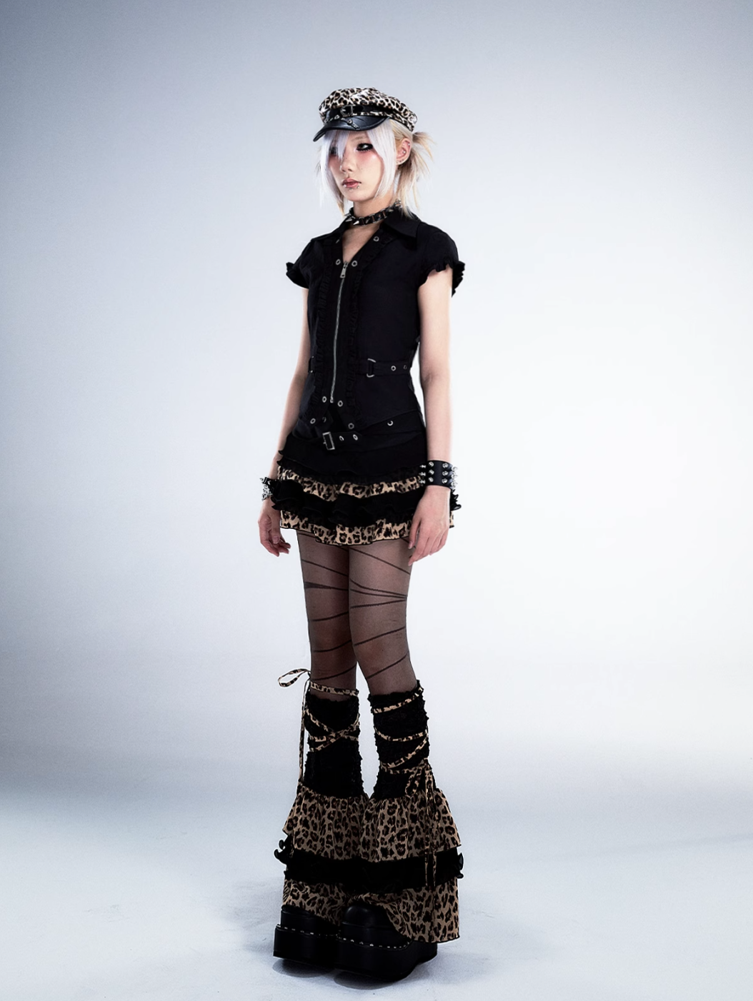 Frustration Garden Gothic Punk Mini Skirt - Black Ruffled With Leopard Print Trim And Buckle Straps