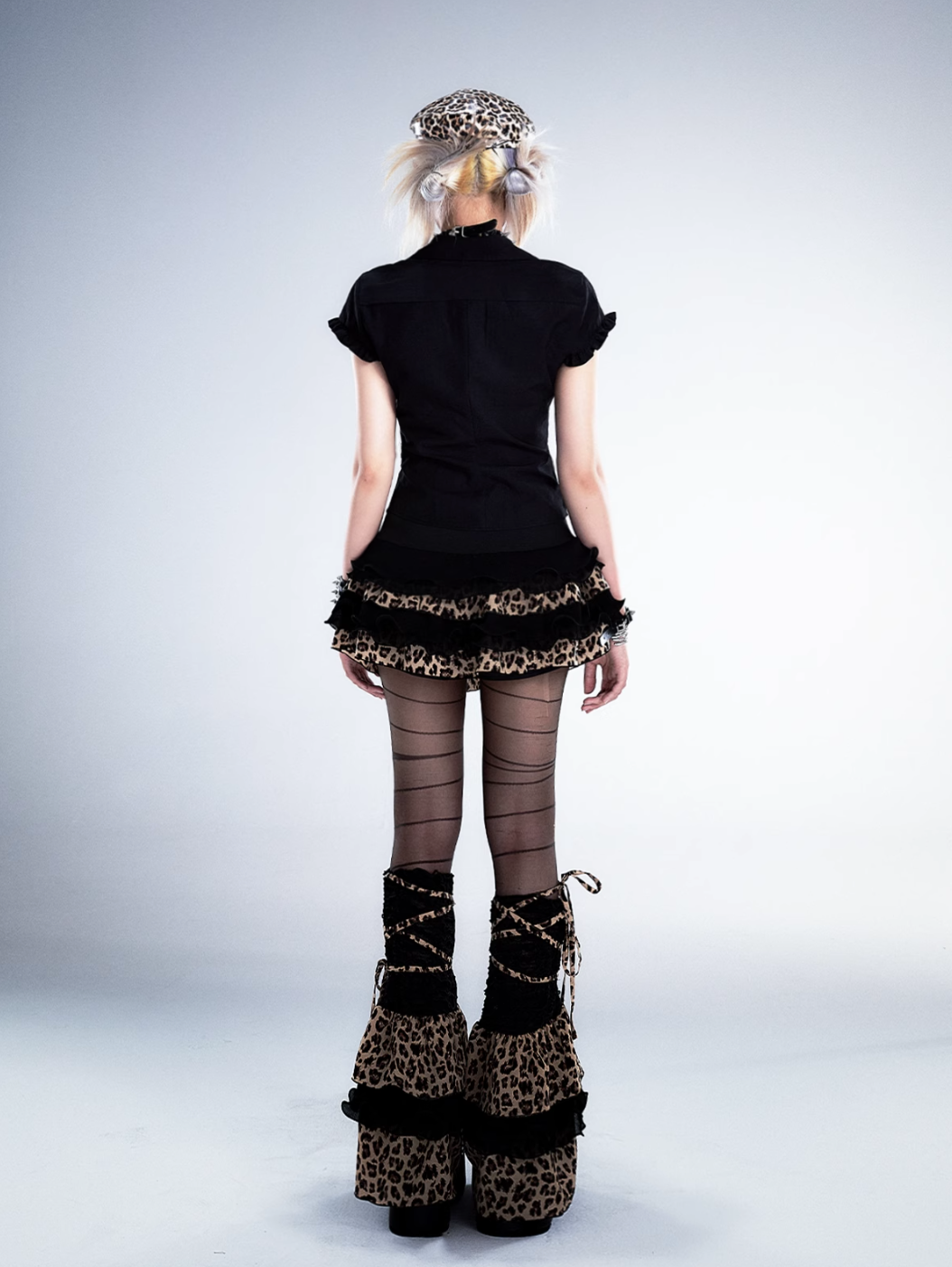 Frustration Garden Gothic Punk Mini Skirt - Black Ruffled With Leopard Print Trim And Buckle Straps