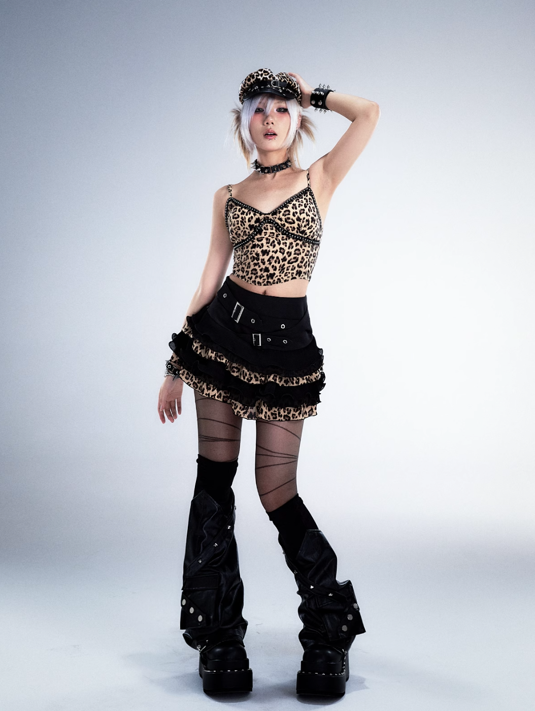 Frustration Garden Gothic Punk Mini Skirt - Black Ruffled With Leopard Print Trim And Buckle Straps