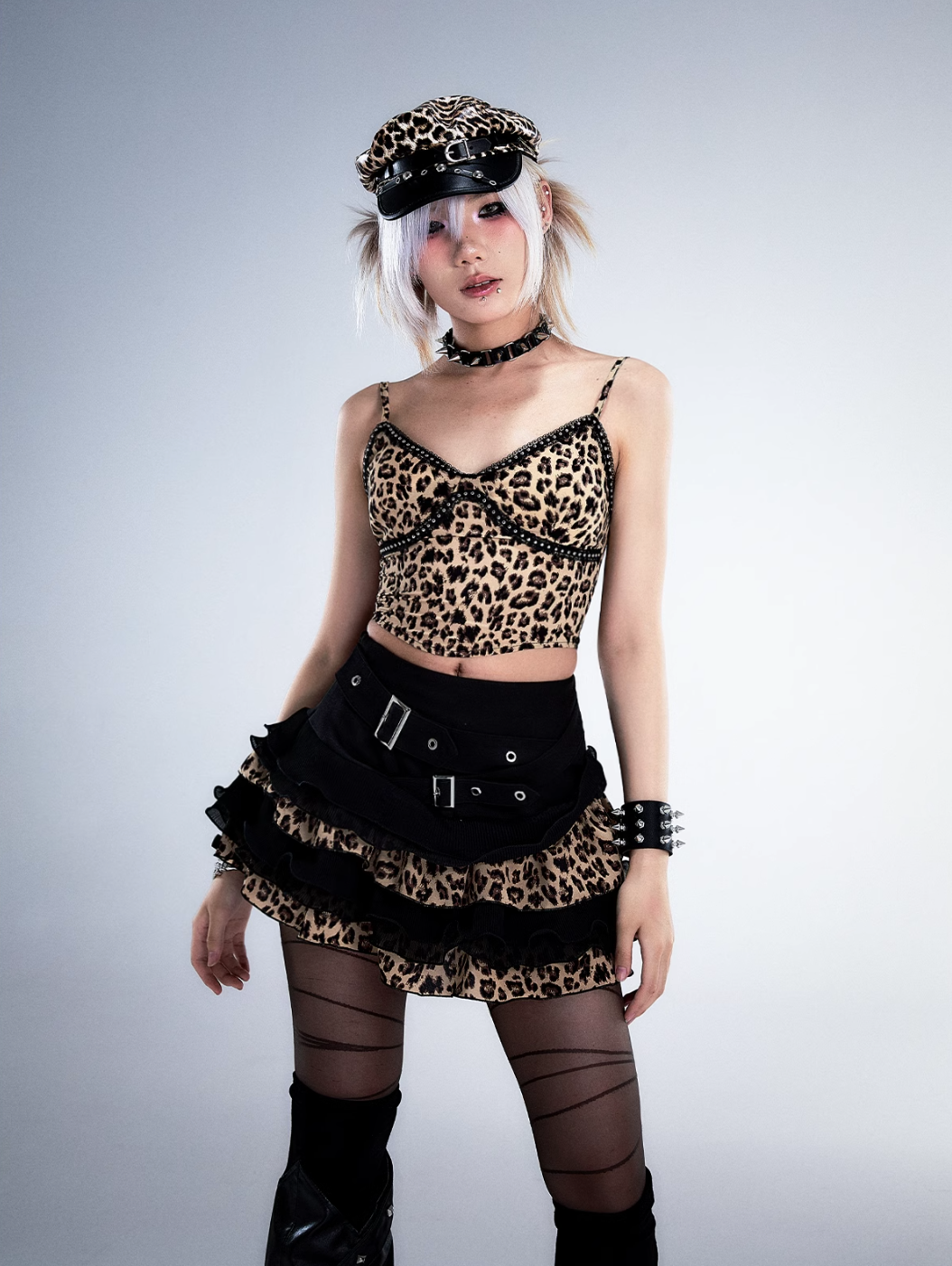 Frustration Garden Gothic Punk Mini Skirt - Black Ruffled With Leopard Print Trim And Buckle Straps