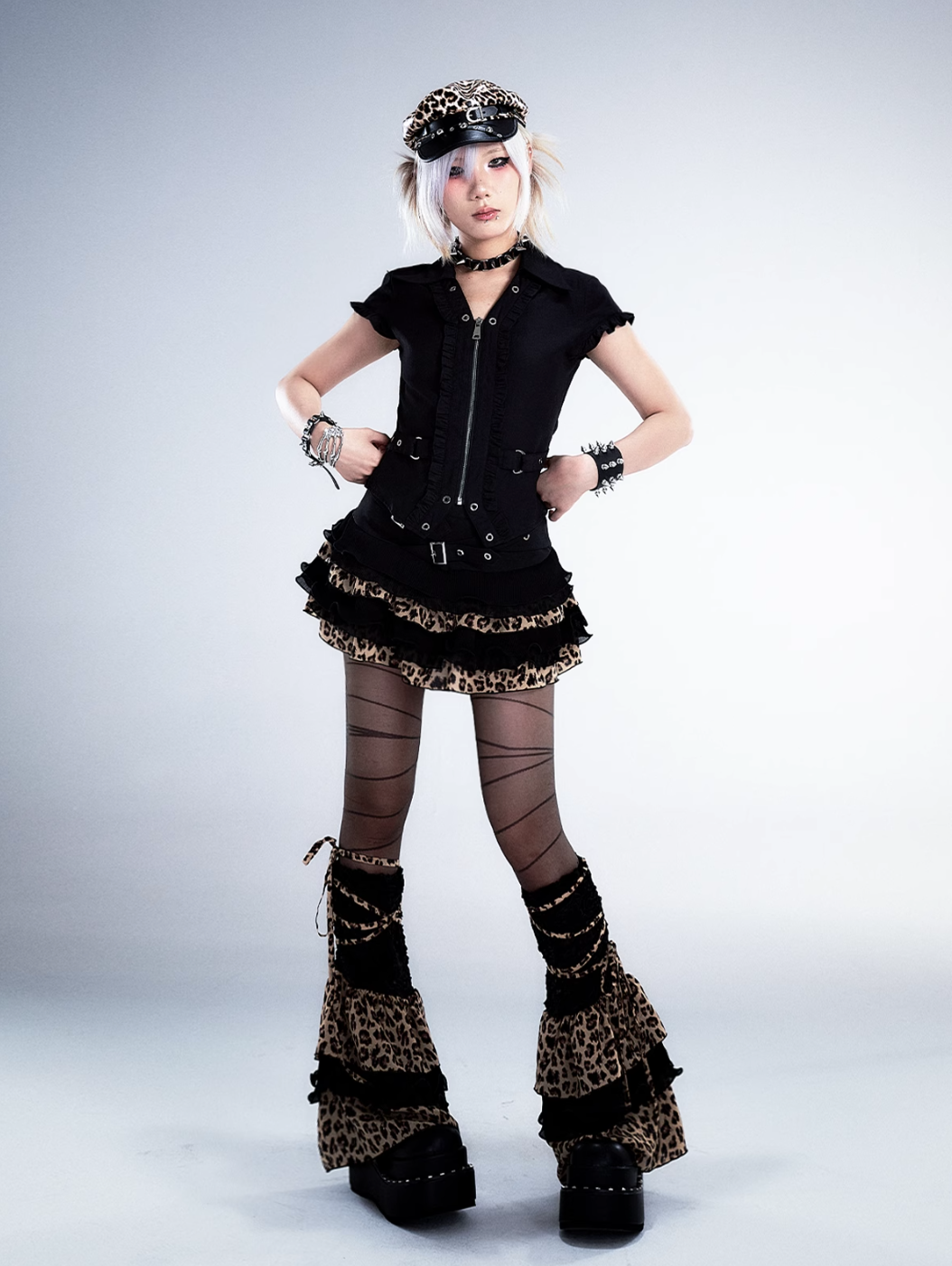 Frustration Garden Gothic Punk Mini Skirt - Black Ruffled With Leopard Print Trim And Buckle Straps