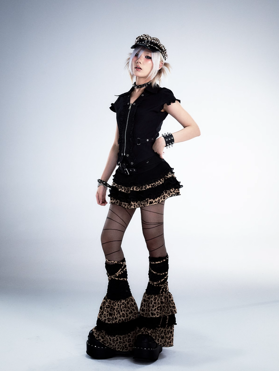 Frustration Garden Gothic Punk Mini Skirt - Black Ruffled With Leopard Print Trim And Buckle Straps