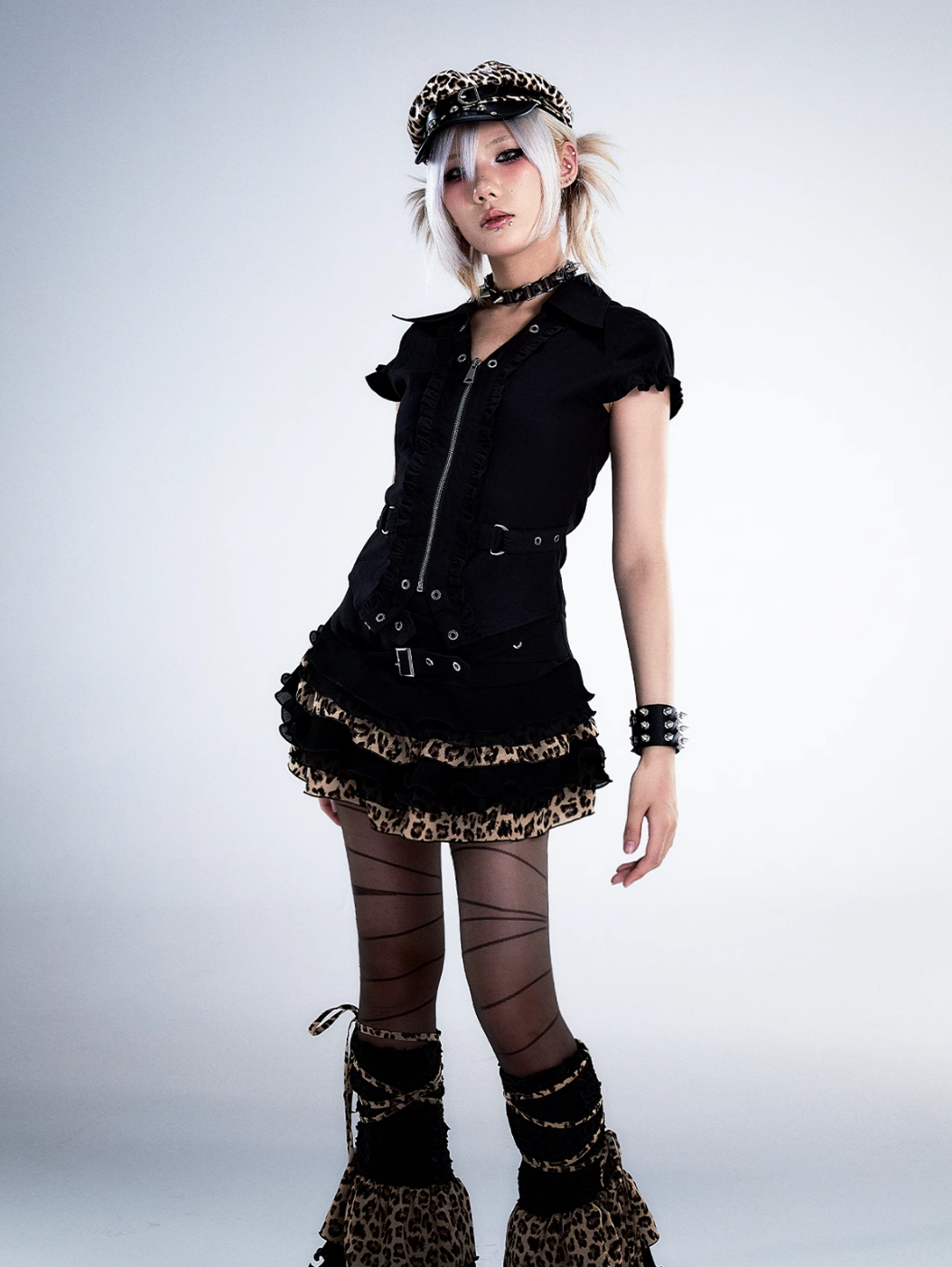 Frustration Garden Gothic Punk Mini Skirt - Black Ruffled With Leopard Print Trim And Buckle Straps