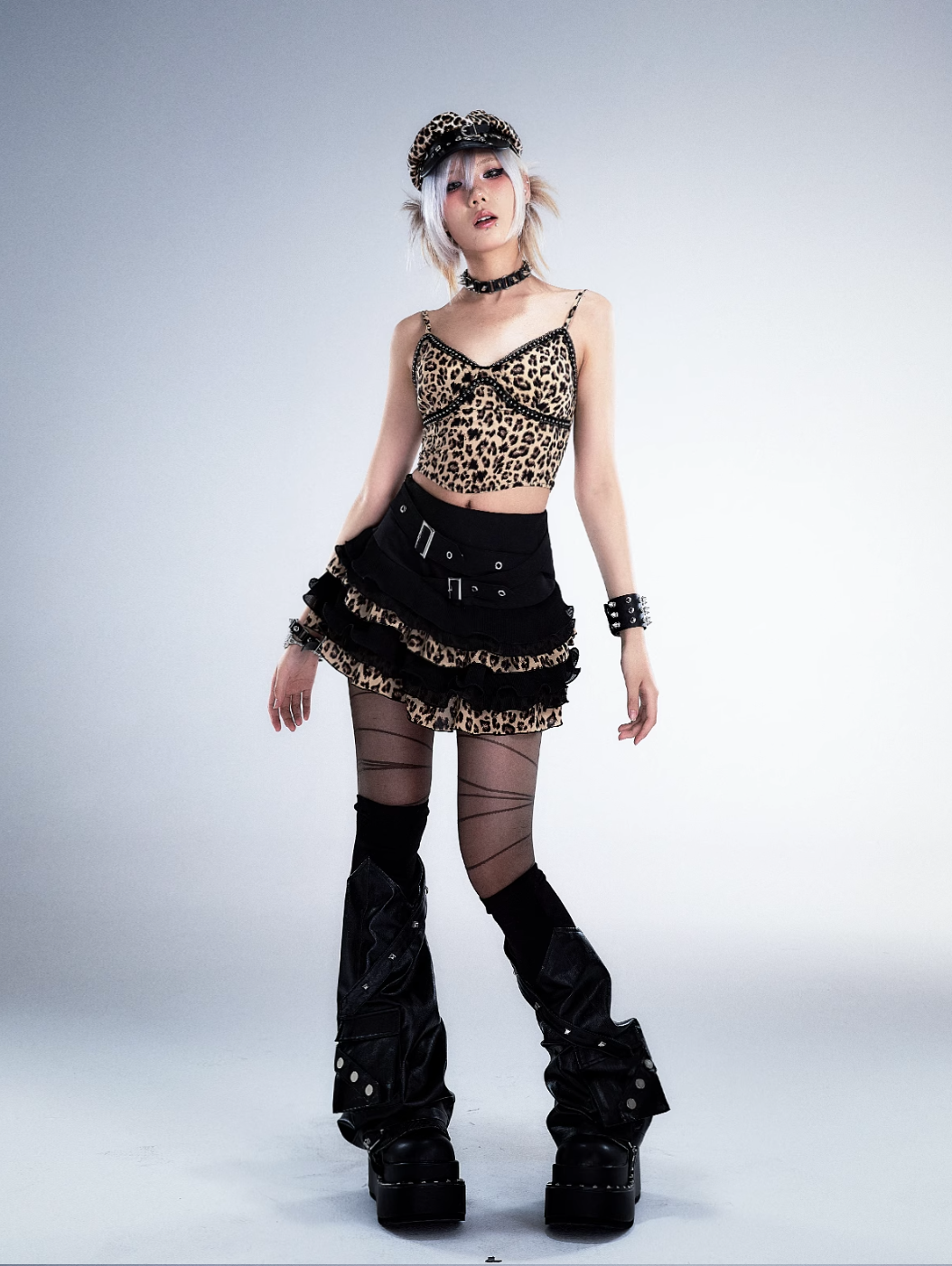 Frustration Garden Gothic Punk Mini Skirt - Black Ruffled With Leopard Print Trim And Buckle Straps