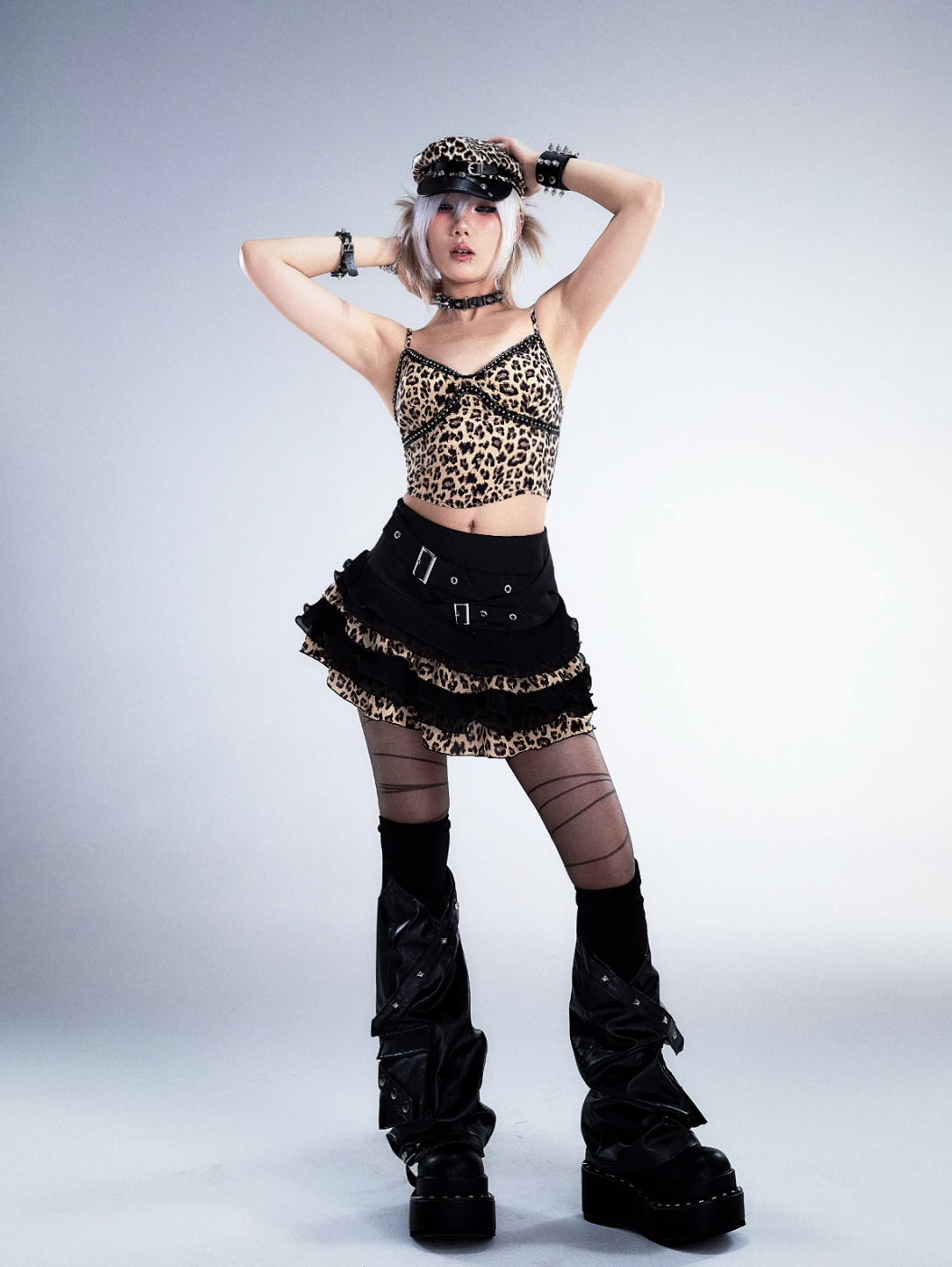 Frustration Garden Gothic Punk Mini Skirt - Black Ruffled With Leopard Print Trim And Buckle Straps