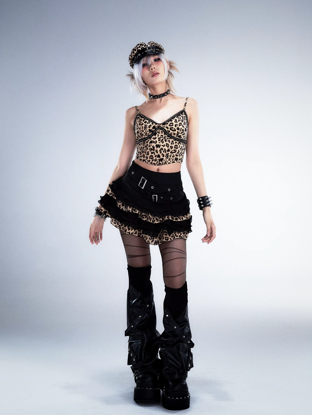 Frustration Garden Gothic Punk Mini Skirt - Black Ruffled With Leopard Print Trim And Buckle Straps