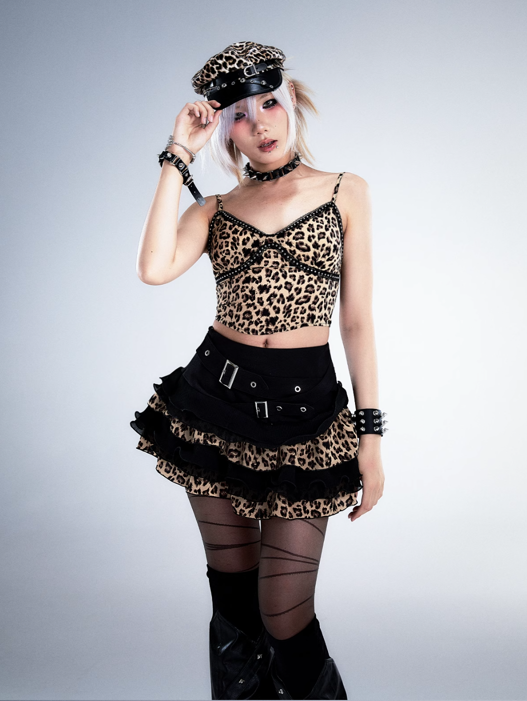 Frustration Garden Gothic Punk Mini Skirt - Black Ruffled With Leopard Print Trim And Buckle Straps