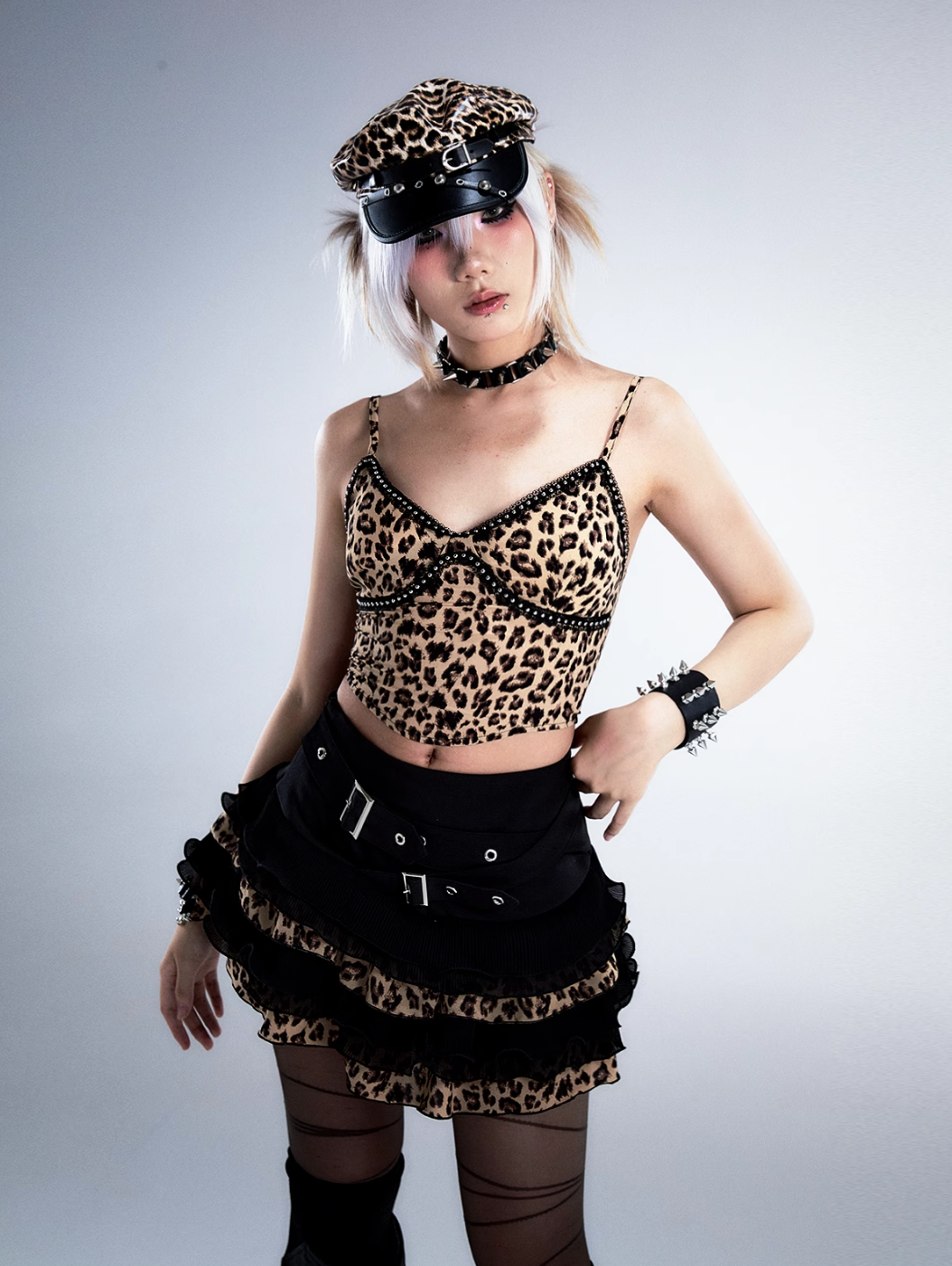 Frustration Garden Gothic Punk Mini Skirt - Black Ruffled With Leopard Print Trim And Buckle Straps