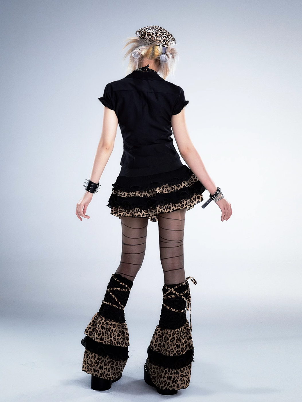 Frustration Garden Gothic Punk Mini Skirt - Black Ruffled With Leopard Print Trim And Buckle Straps