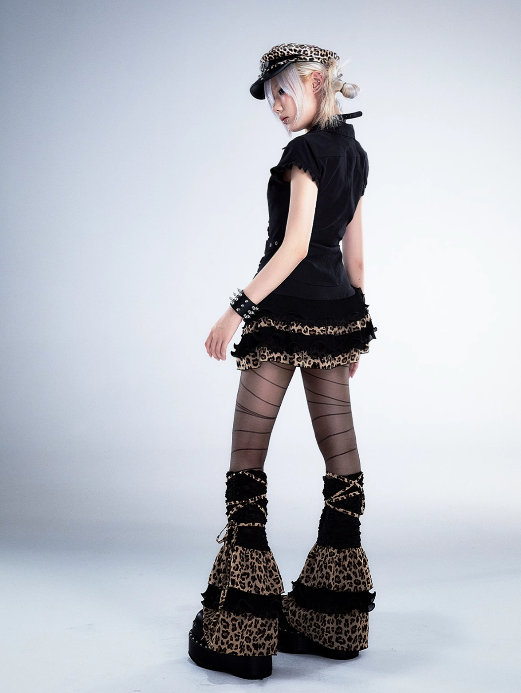 Frustration Garden Gothic Punk Mini Skirt - Black Ruffled With Leopard Print Trim And Buckle Straps