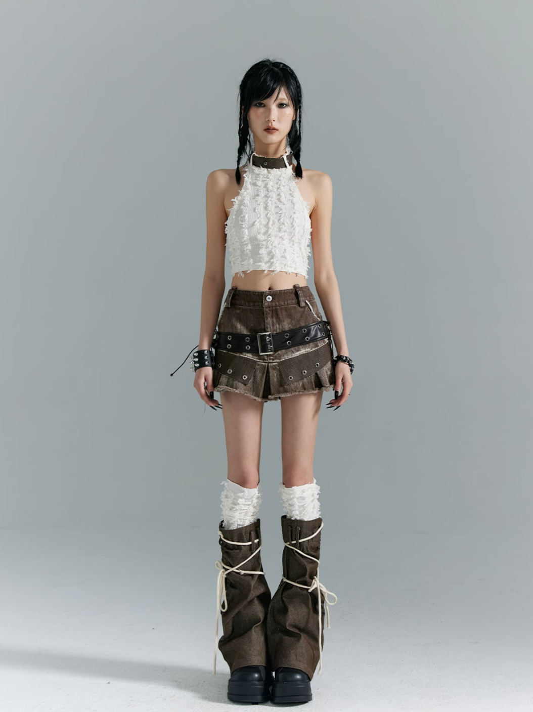 Frustration Garden Avant-Garde Platform Boots - Dark Brown Leather with Faux Fur Cuff and Rope Lacing