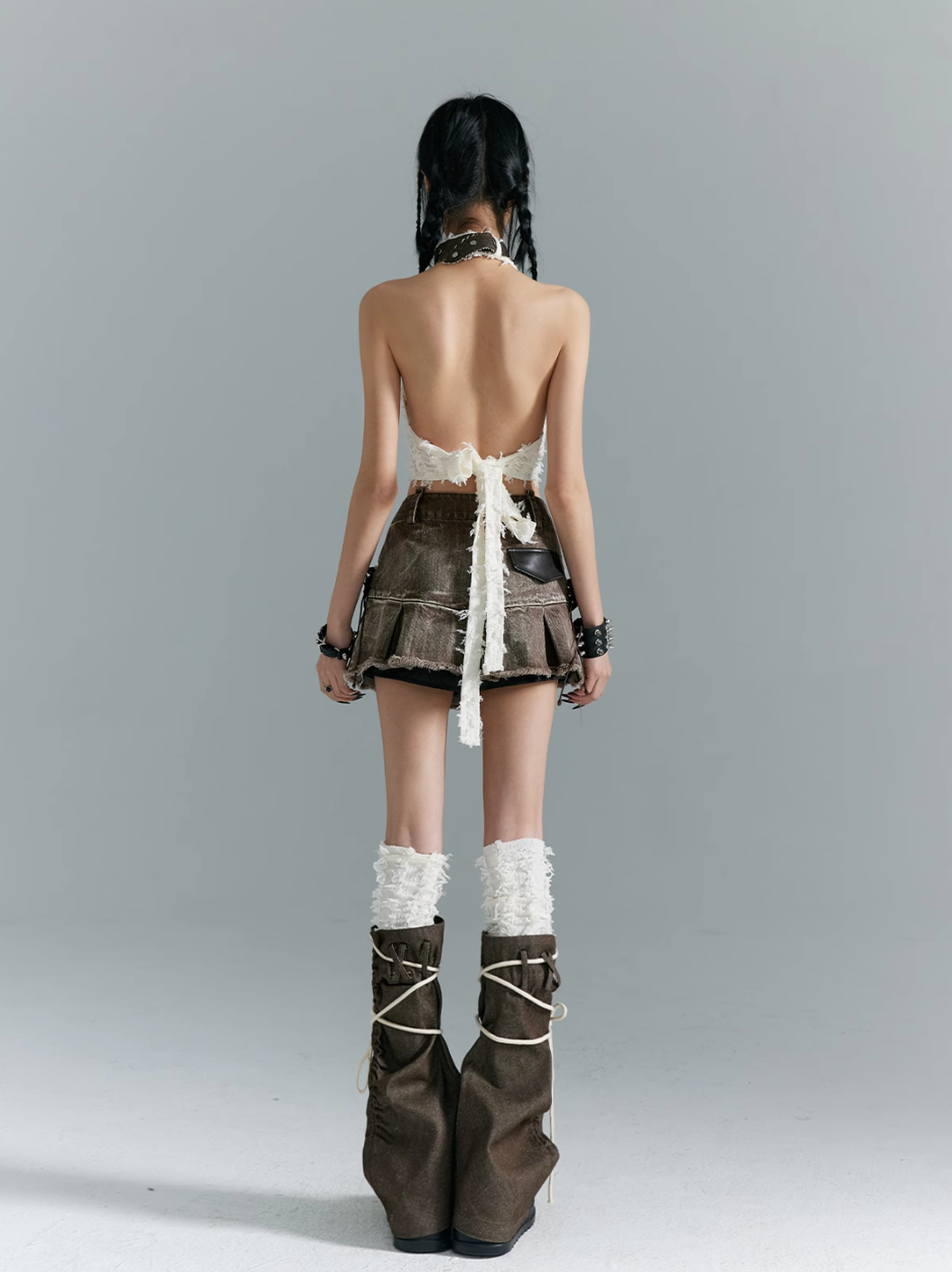 Frustration Garden Avant-Garde Platform Boots - Dark Brown Leather with Faux Fur Cuff and Rope Lacing