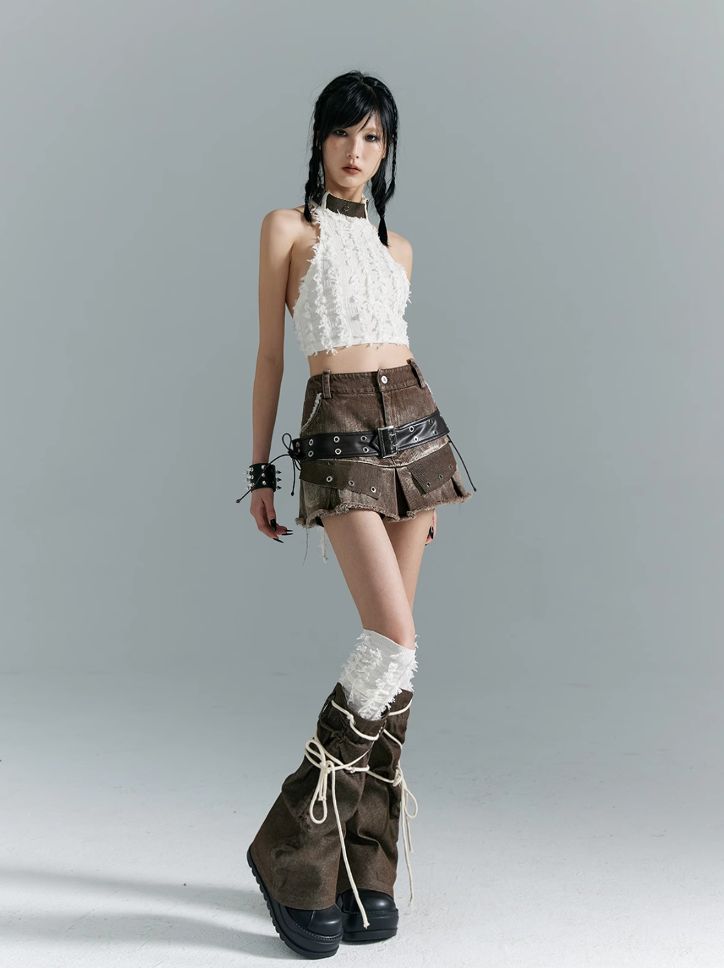 Frustration Garden Avant-Garde Platform Boots - Dark Brown Leather with Faux Fur Cuff and Rope Lacing