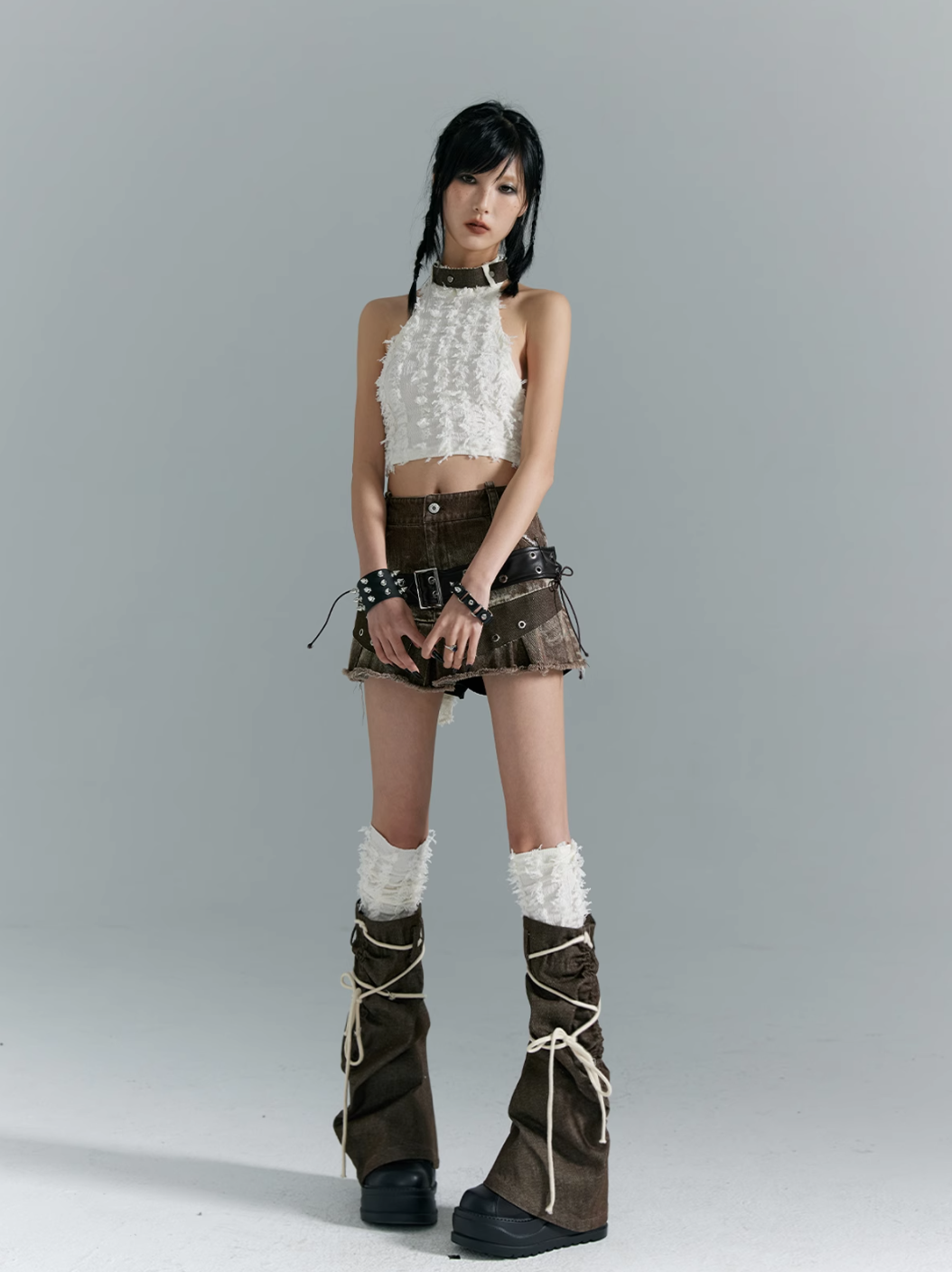 Frustration Garden Avant-Garde Platform Boots - Dark Brown Leather with Faux Fur Cuff and Rope Lacing