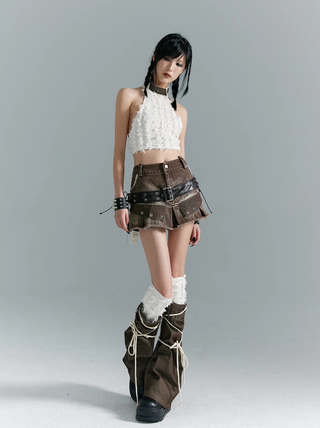 Frustration Garden Avant-Garde Platform Boots - Dark Brown Leather with Faux Fur Cuff and Rope Lacing