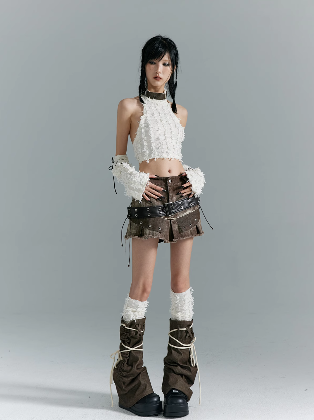 Frustration Garden Avant-Garde Platform Boots - Dark Brown Leather with Faux Fur Cuff and Rope Lacing