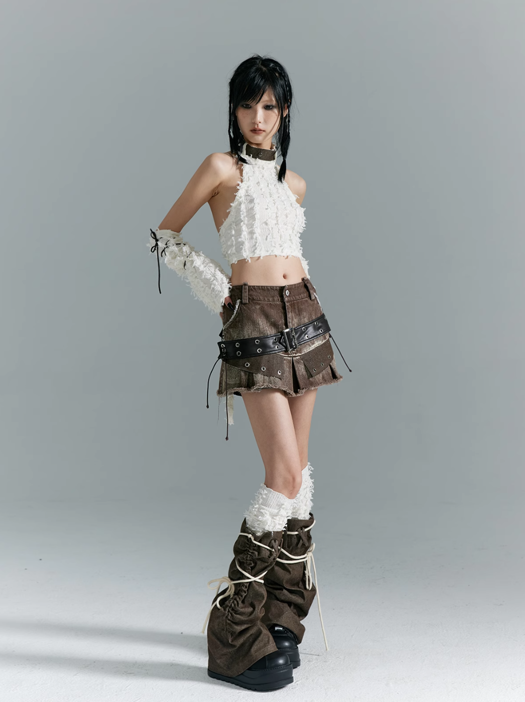 Frustration Garden Avant-Garde Platform Boots - Dark Brown Leather with Faux Fur Cuff and Rope Lacing