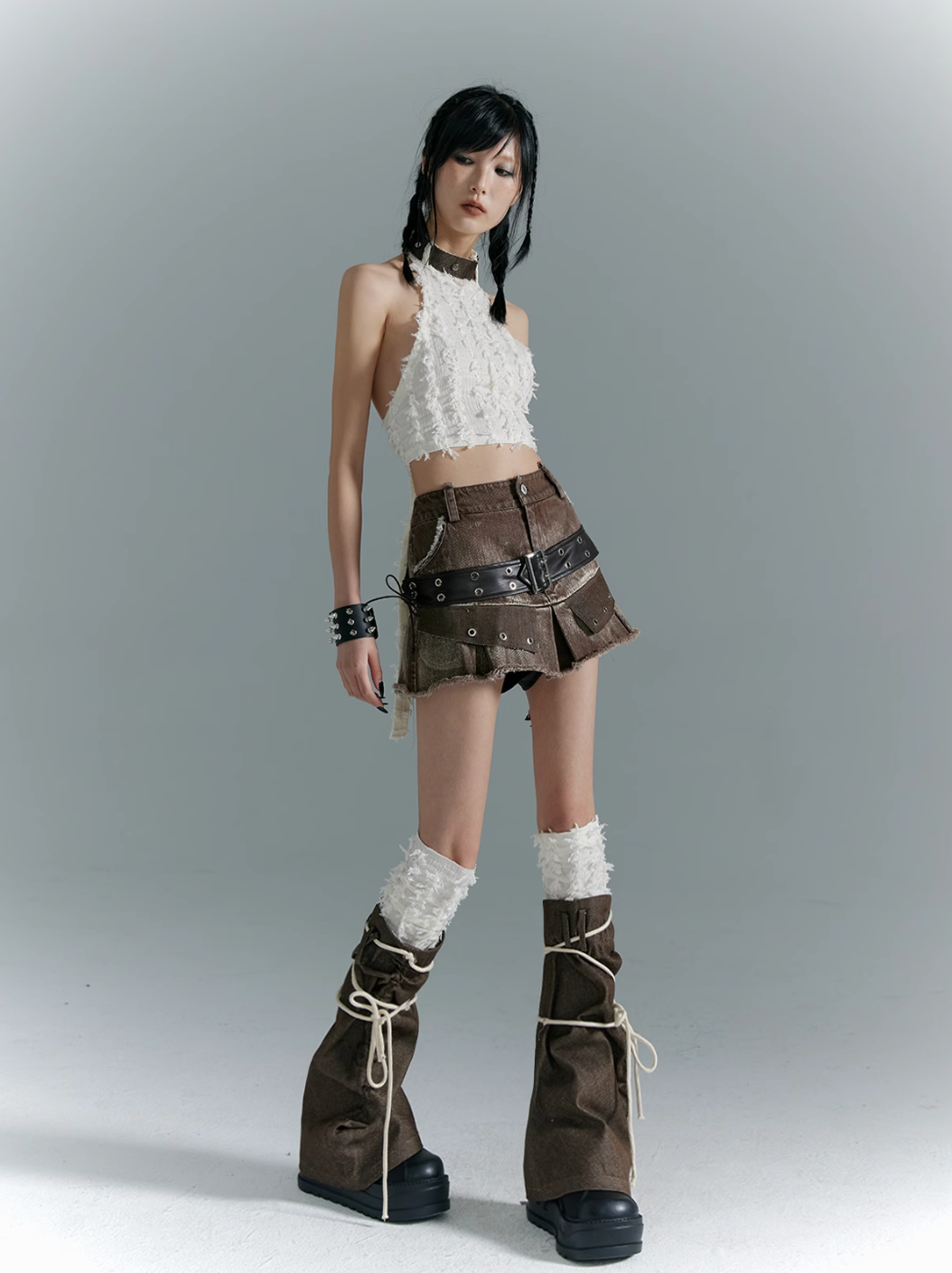 Frustration Garden Avant-Garde Platform Boots - Dark Brown Leather with Faux Fur Cuff and Rope Lacing