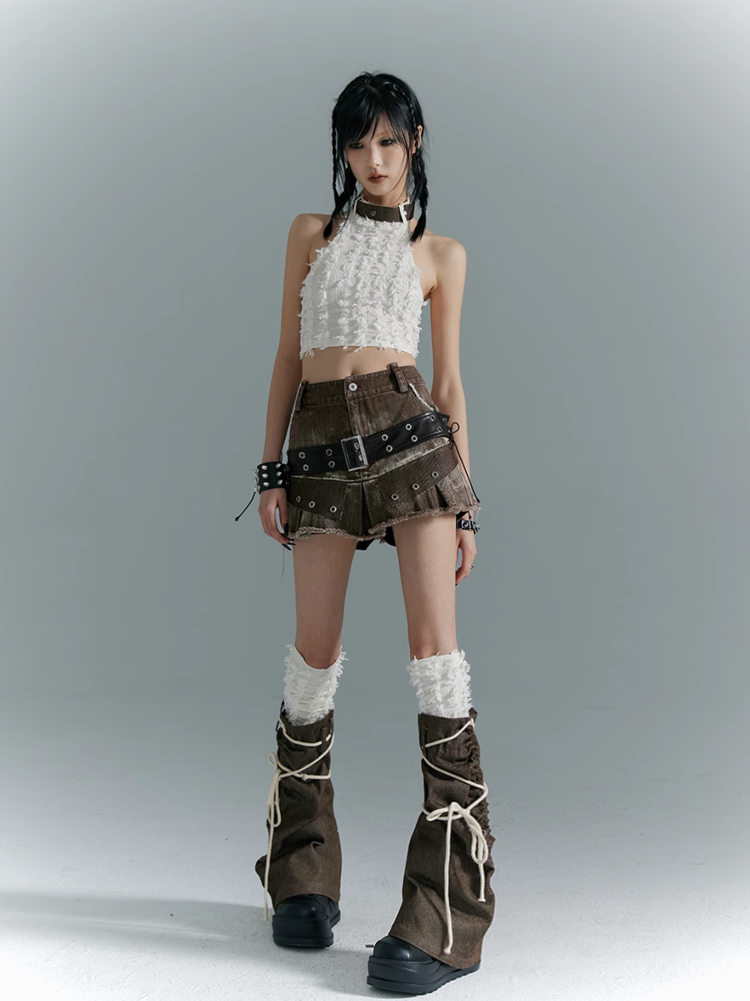 Frustration Garden Avant-Garde Platform Boots - Dark Brown Leather with Faux Fur Cuff and Rope Lacing