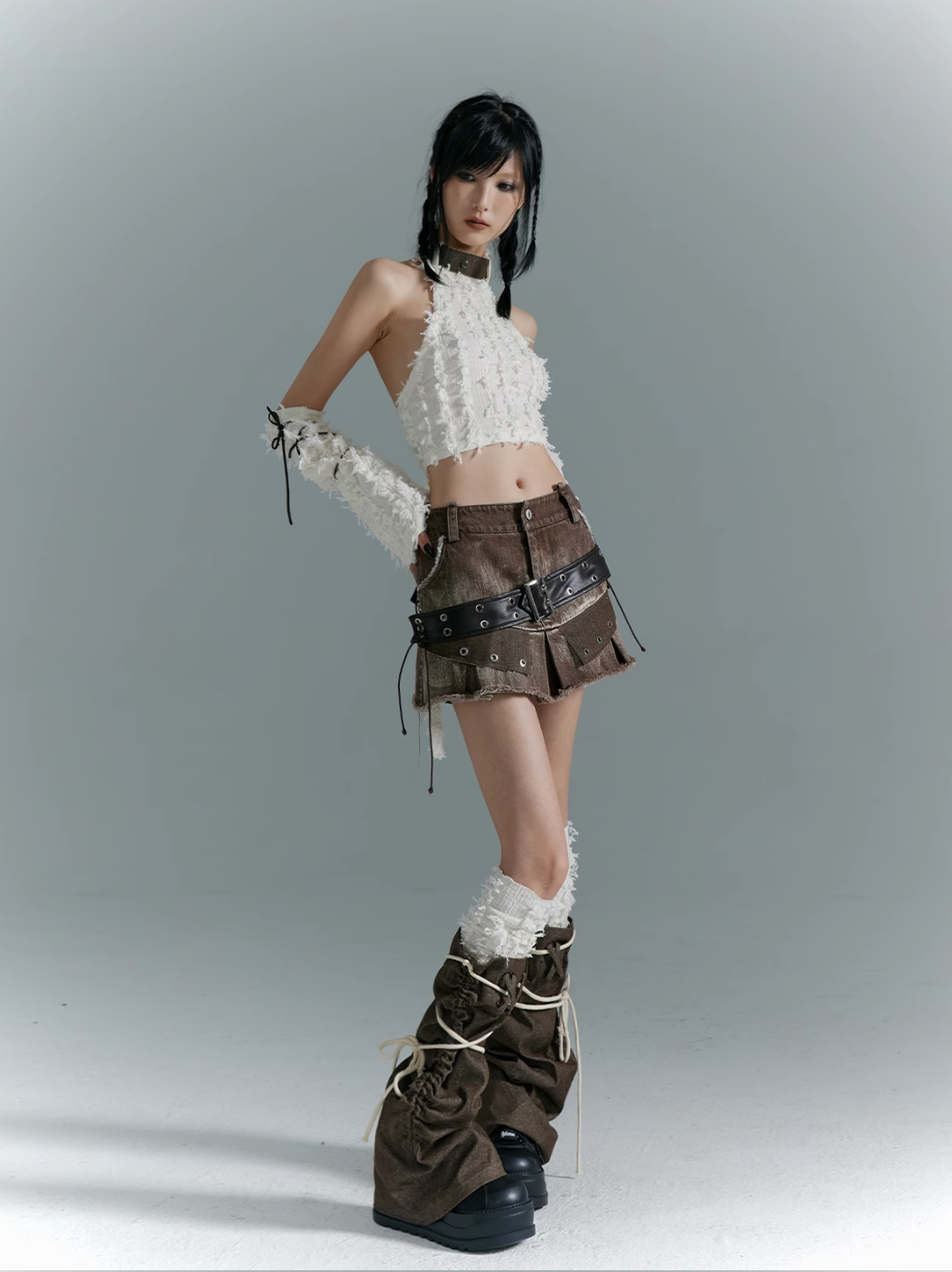 Frustration Garden Avant-Garde Platform Boots - Dark Brown Leather with Faux Fur Cuff and Rope Lacing