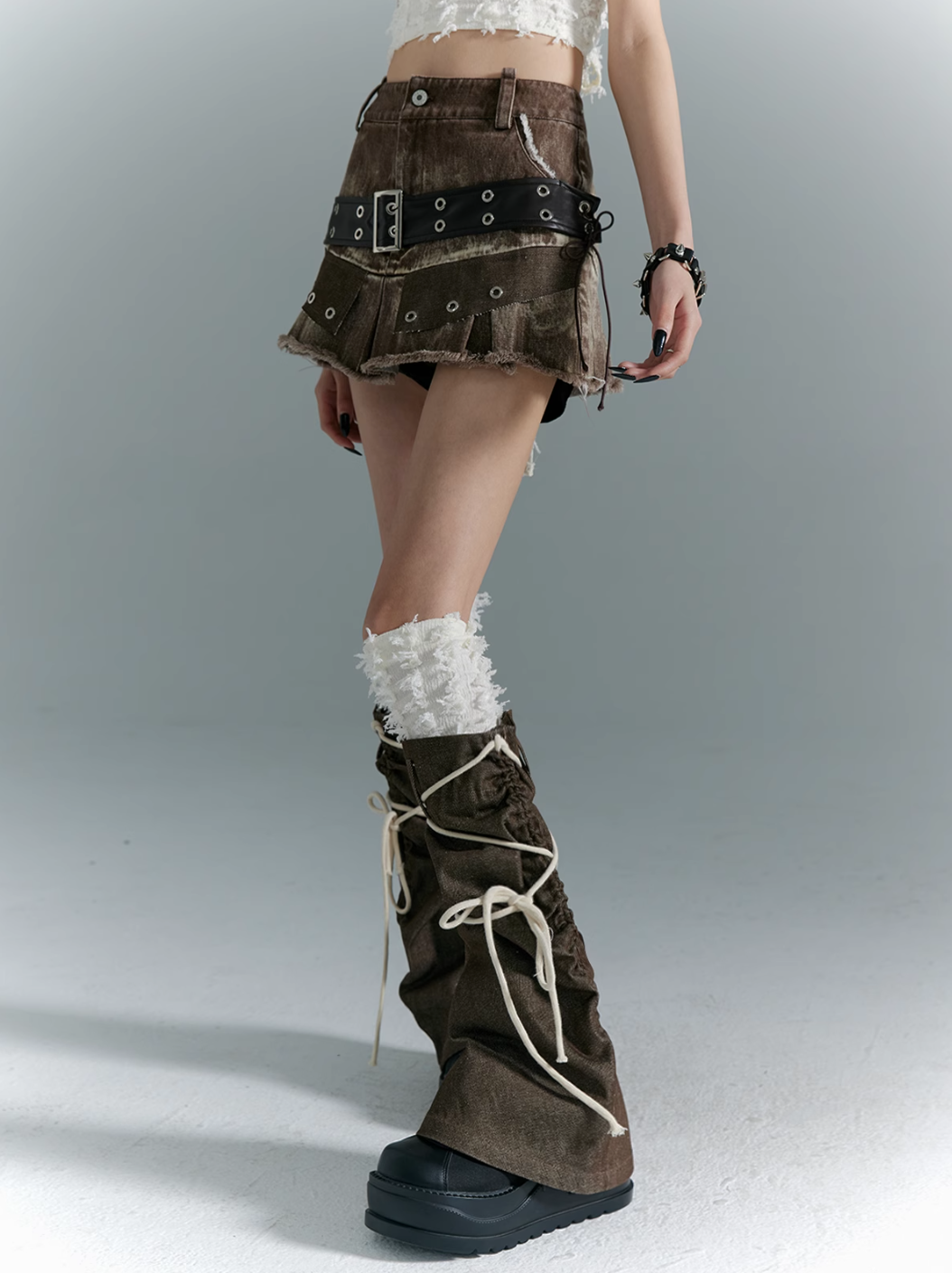 Frustration Garden Avant-Garde Platform Boots - Dark Brown Leather with Faux Fur Cuff and Rope Lacing