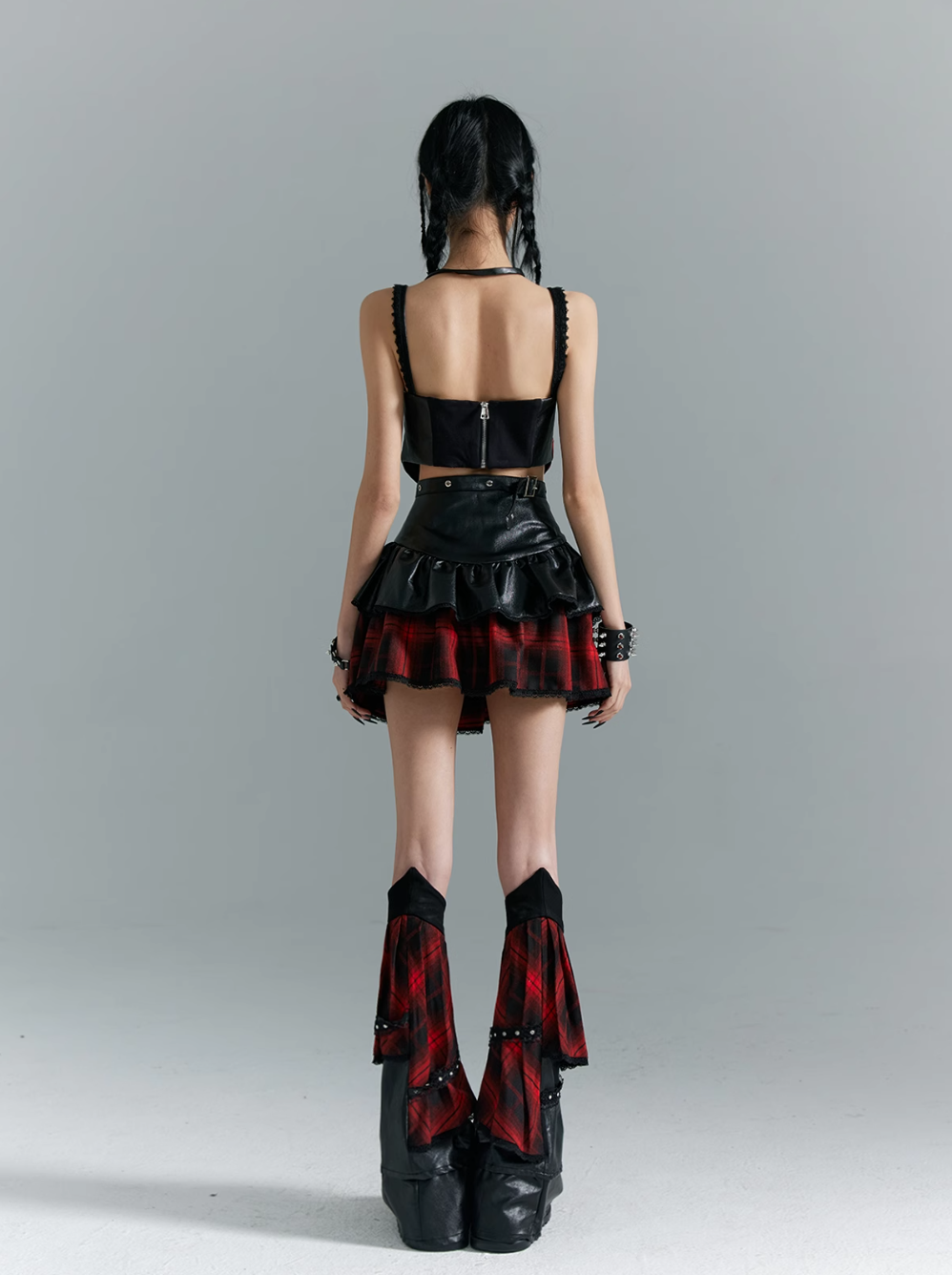 Frustration Garden Punk Grunge Hybrid Crop Top - Faux Leather and Plaid with Adjustable Straps