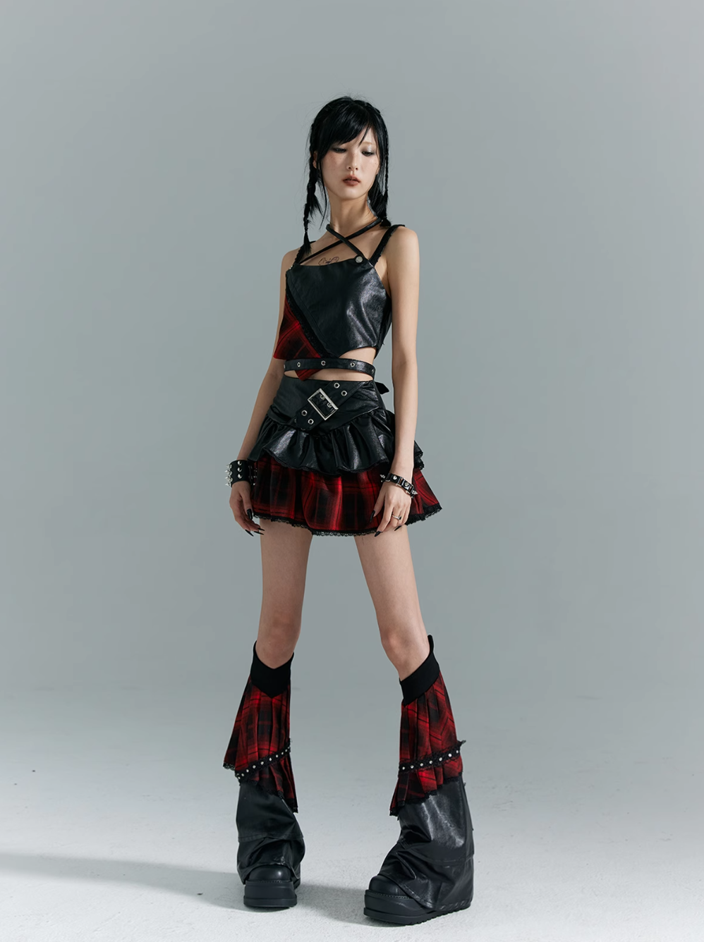 Frustration Garden Punk Grunge Hybrid Crop Top - Faux Leather and Plaid with Adjustable Straps